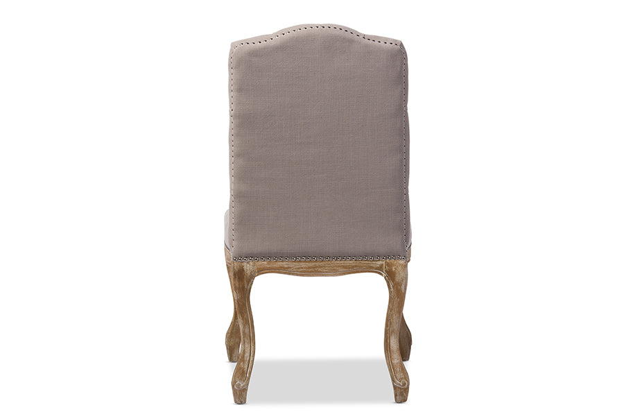 Hudson Chic Rustic French Country Cottage Weathered Oak Beige Fabric Button-tufted Upholstered Dining Chair