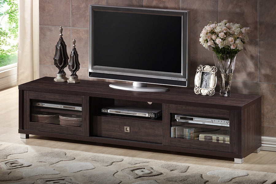 Beasley 70-Inch Dark Brown TV Cabinet with 2 Sliding Doors and Drawer