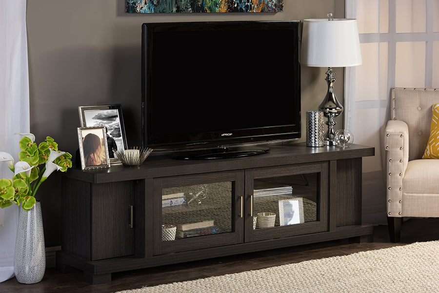 Viveka 70-Inch Greyish Dark Brown Wood TV Cabinet with 2 Glass Doors and 2 Doors