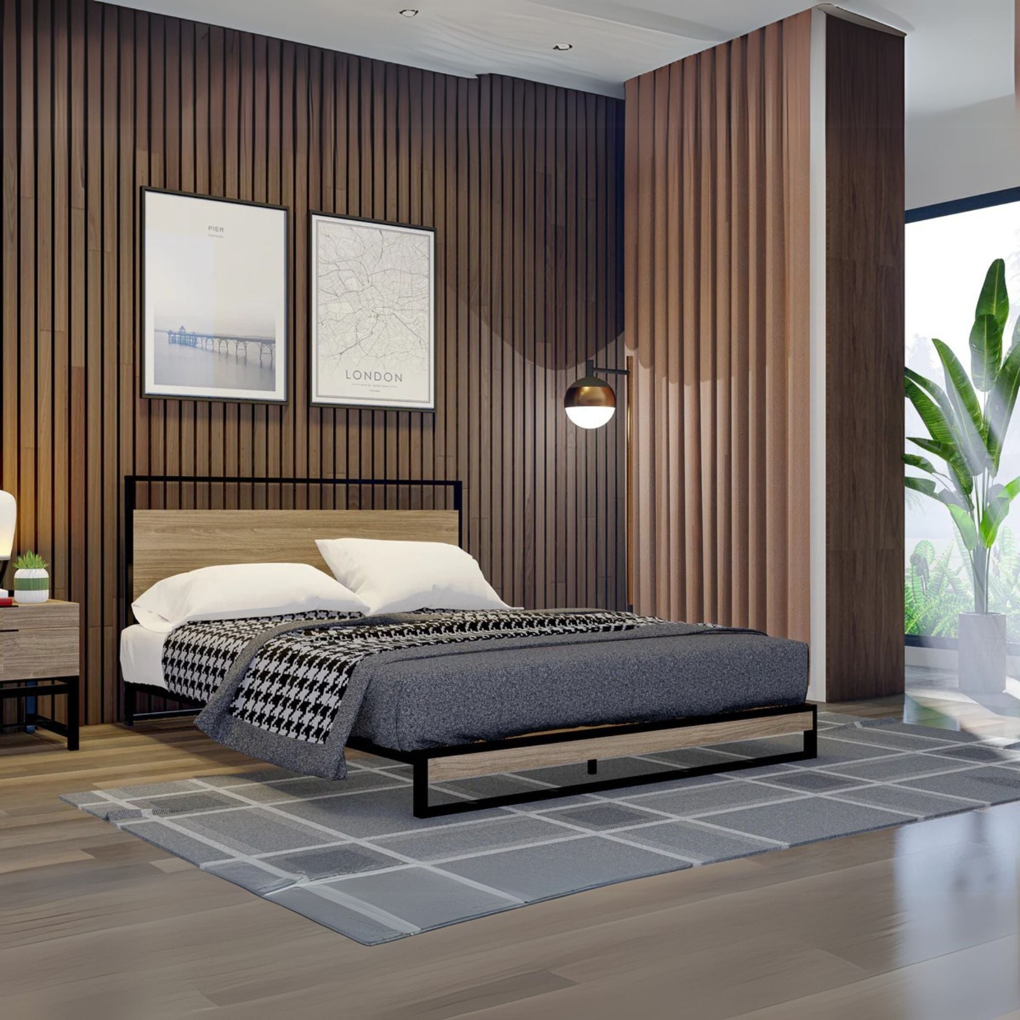 Rowan Wilson Queen Engineered Wood Platform Bed Black & Weathered Wood Low Profile Frame