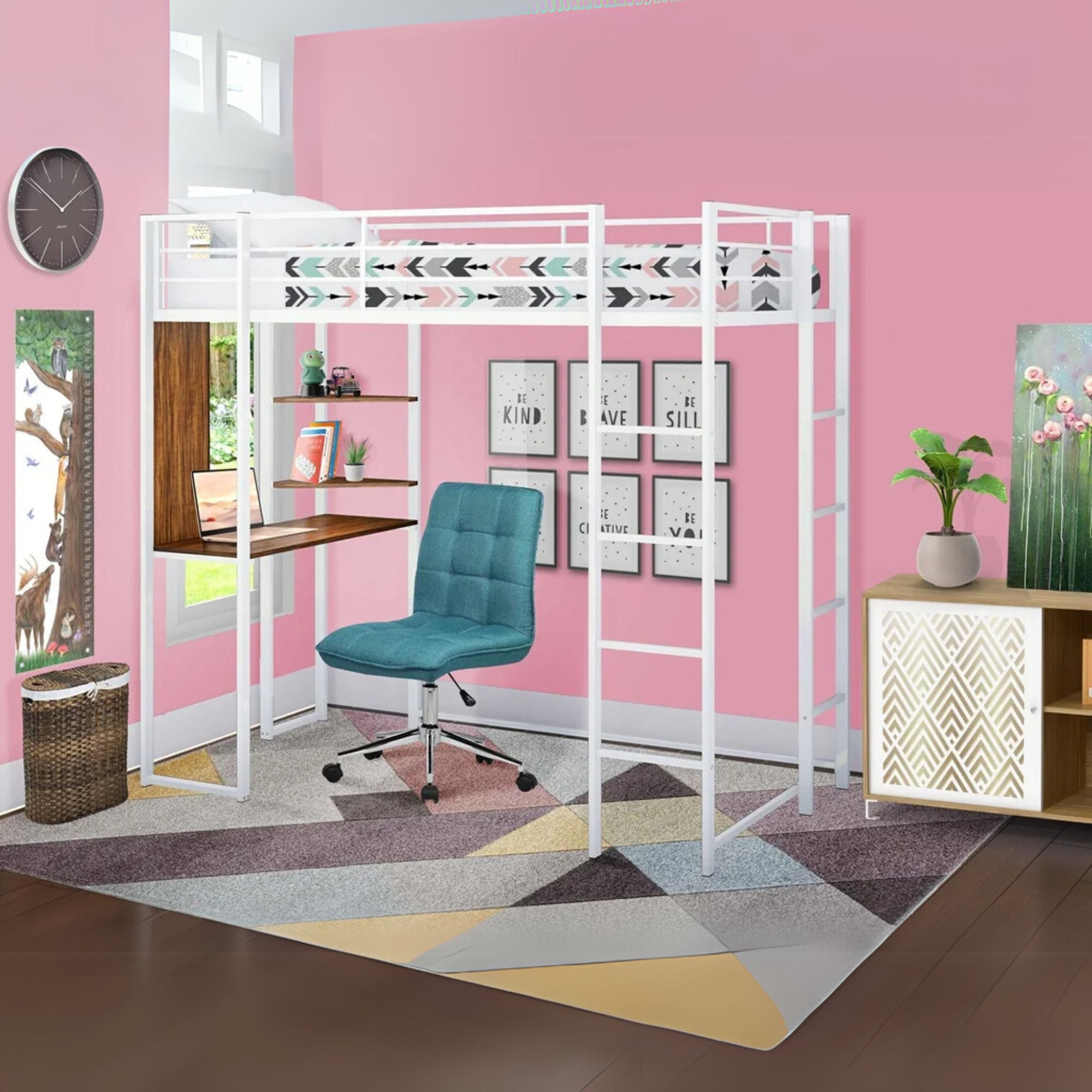 Liese Buckland Collection Twin Loft Bed in White Powder-Coated Metal Frame for Kids or Teens