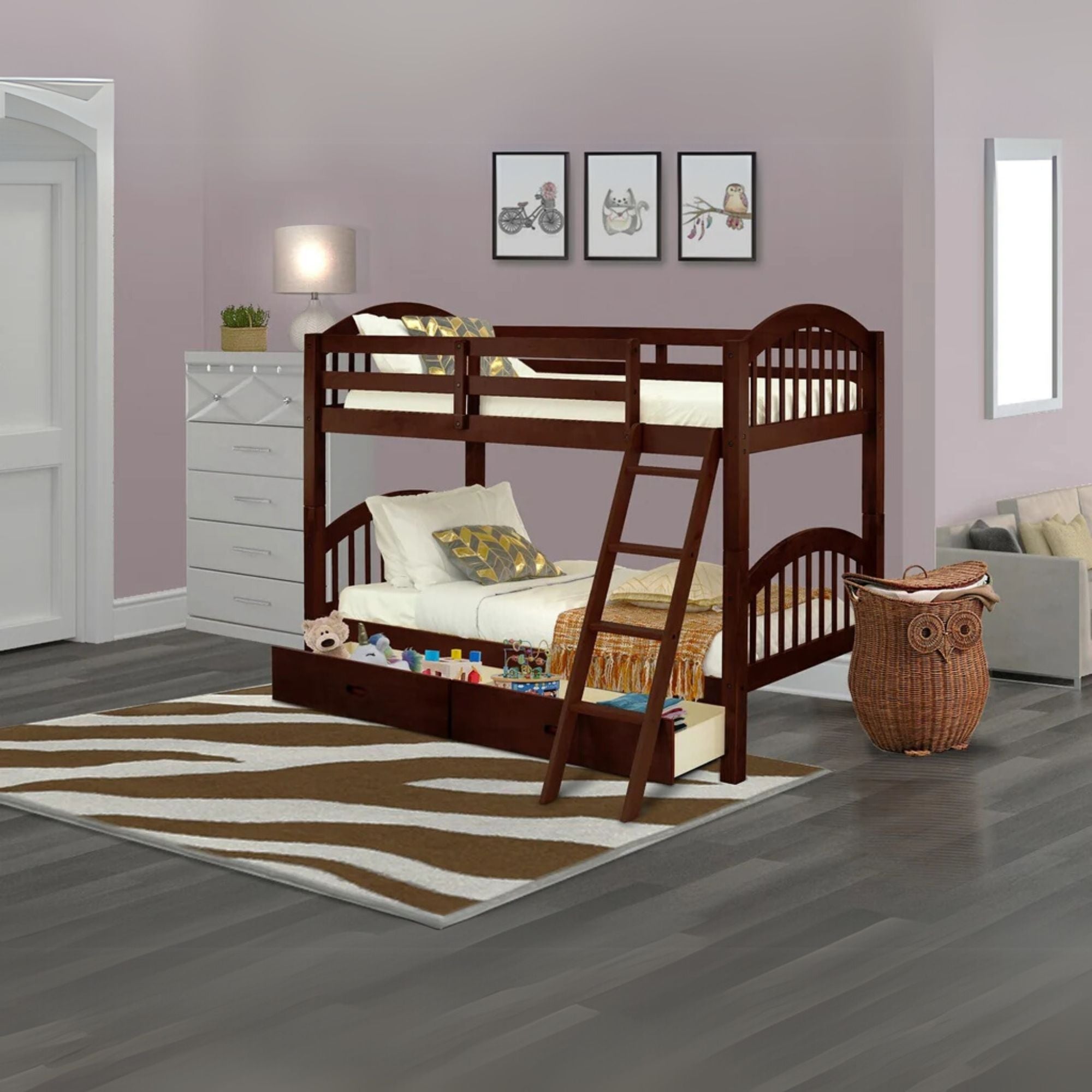 Zephyr Verona Twin over Twin Java Wood Bunk Bed – Staircase Design with Under Bed Drawers