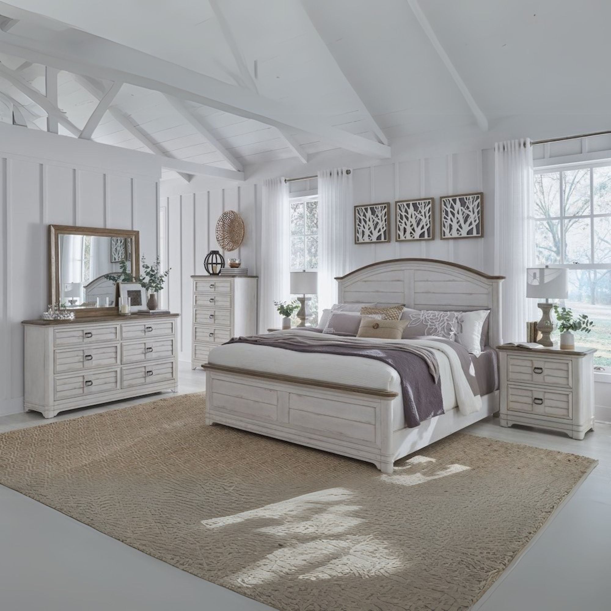 Corteau Meadowbrook King Whitewash Wood Bed – Arched Headboard & Sand Top Accents