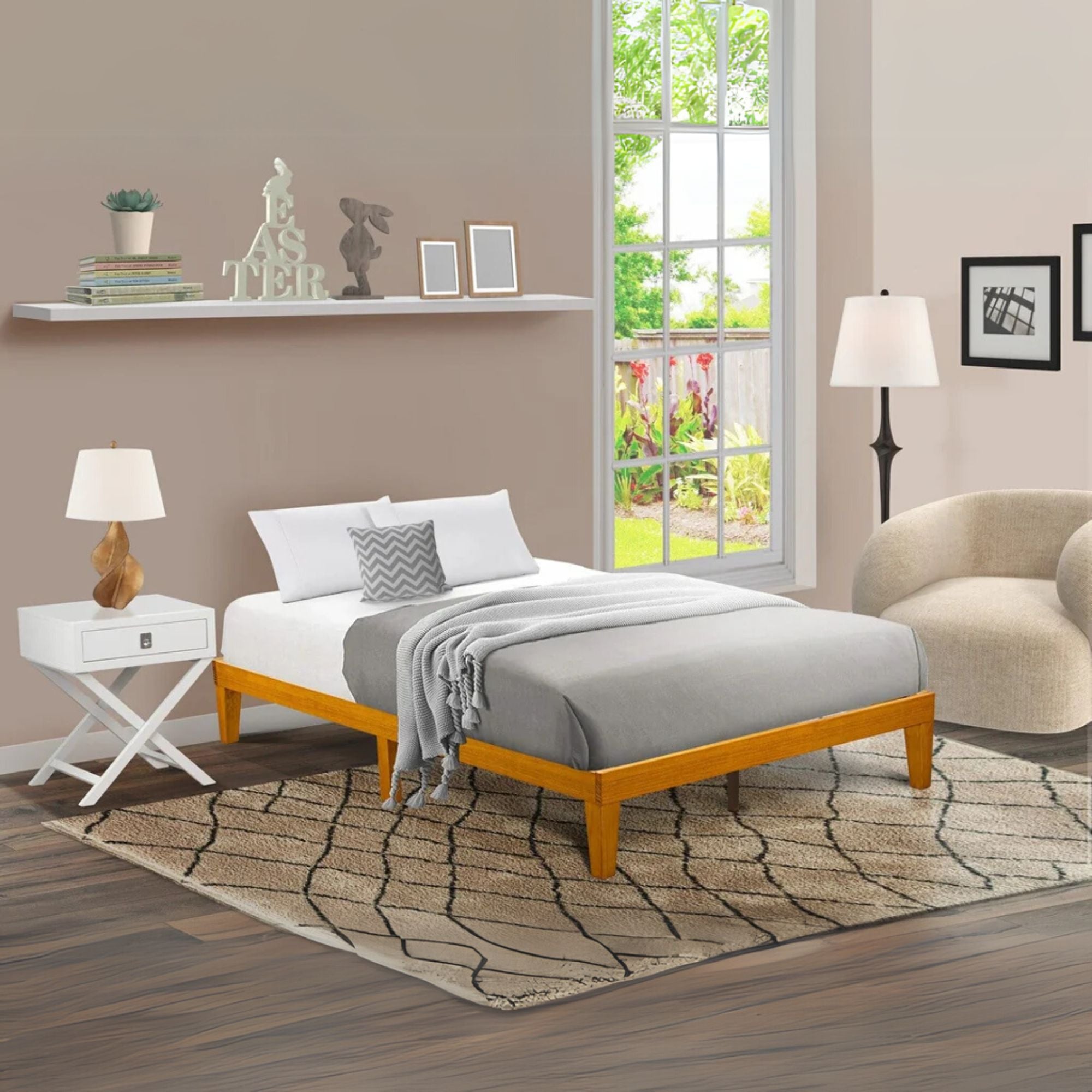 Acres Aspen Queen Size Oak Bed Frame – Hardwood Legs Platform with Extra Center Support