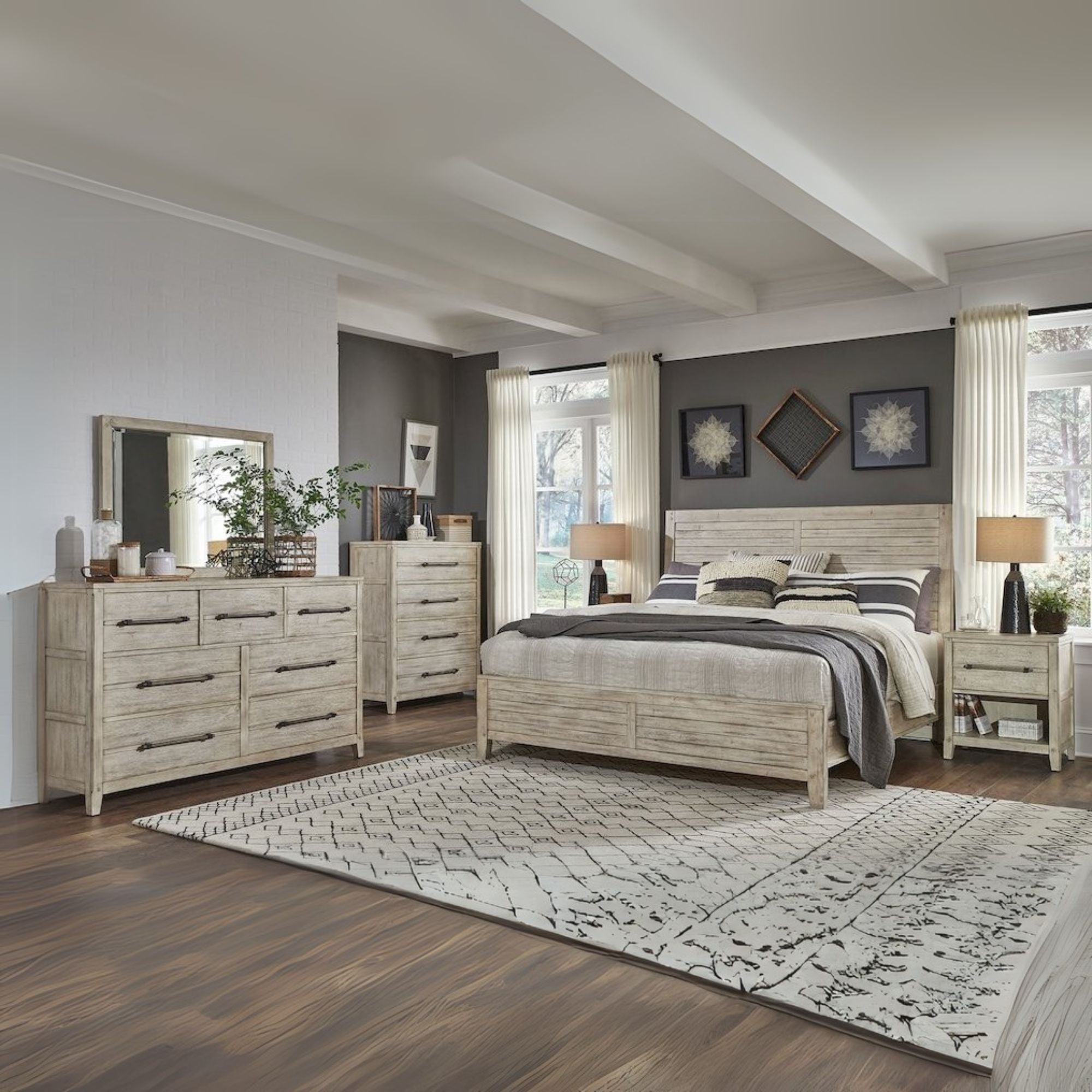 Round Aurora Queen Whitewash Wood Sleigh Bed – Rustic Style with Storage Footboard