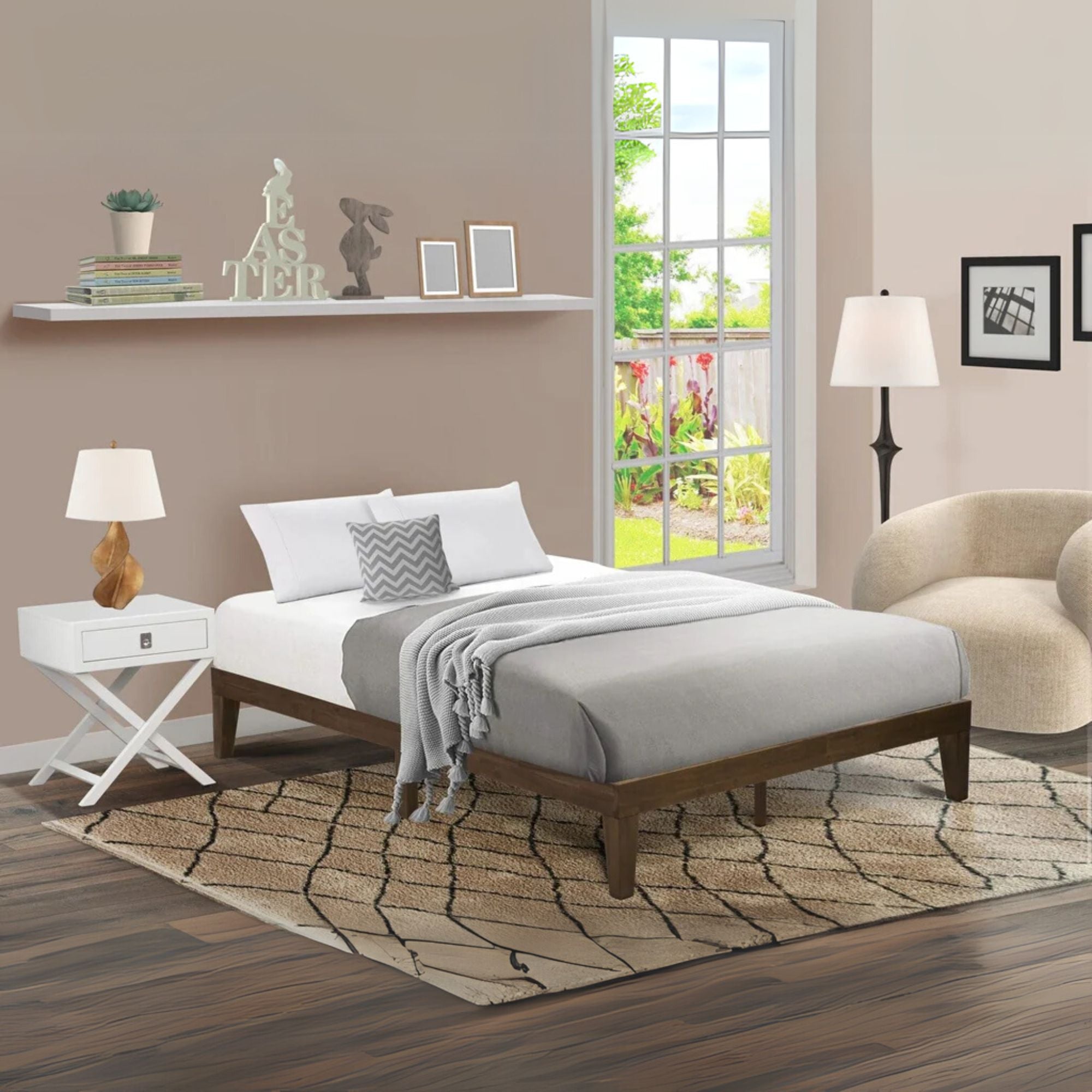 Otaki East West Queen Walnut Wood Panel Platform Bed - No Box Spring Required with Storage Space