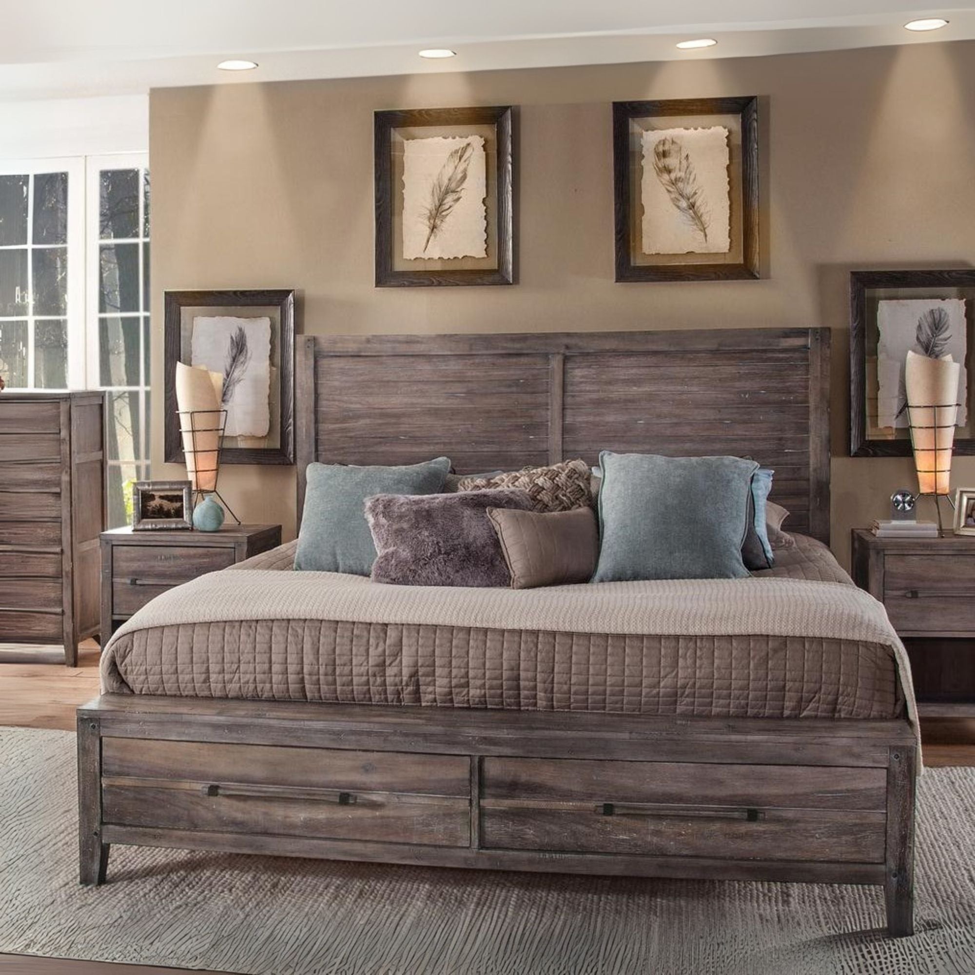 Reina Aurora Collection King Panel Bed Weathered Grey Wood – Storage Footboard, Farmhouse Style
