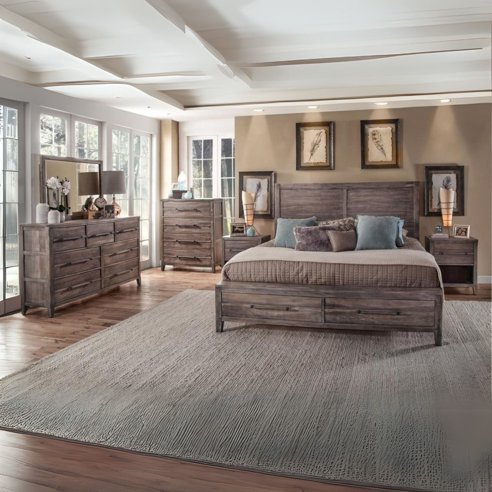 Reina Aurora Collection King Panel Bed Weathered Grey Wood – Storage Footboard, Farmhouse Style