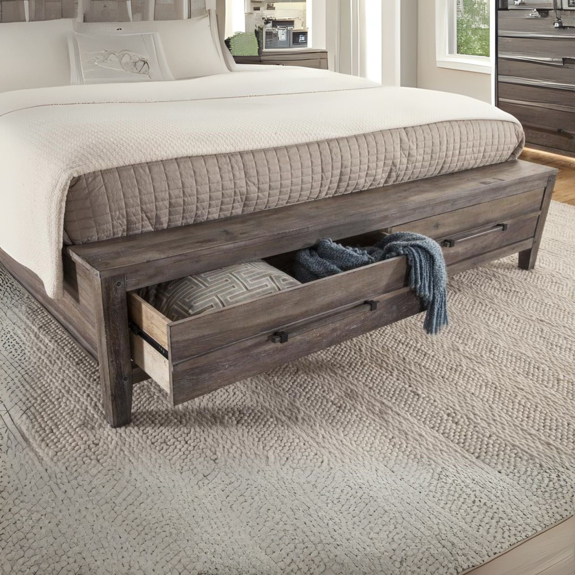Reina Aurora Collection King Panel Bed Weathered Grey Wood – Storage Footboard, Farmhouse Style