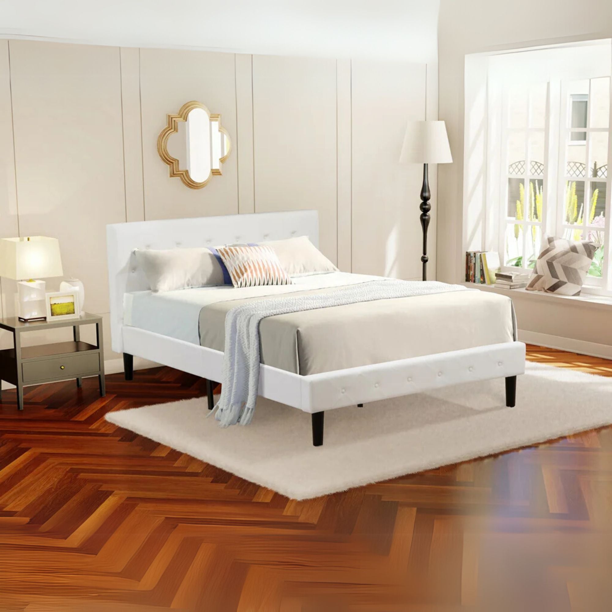 Ollwyn Aliana Nolan Queen Bed Frame in White Velvet – Button Tufted Upholstered Platform with Padded Footboard