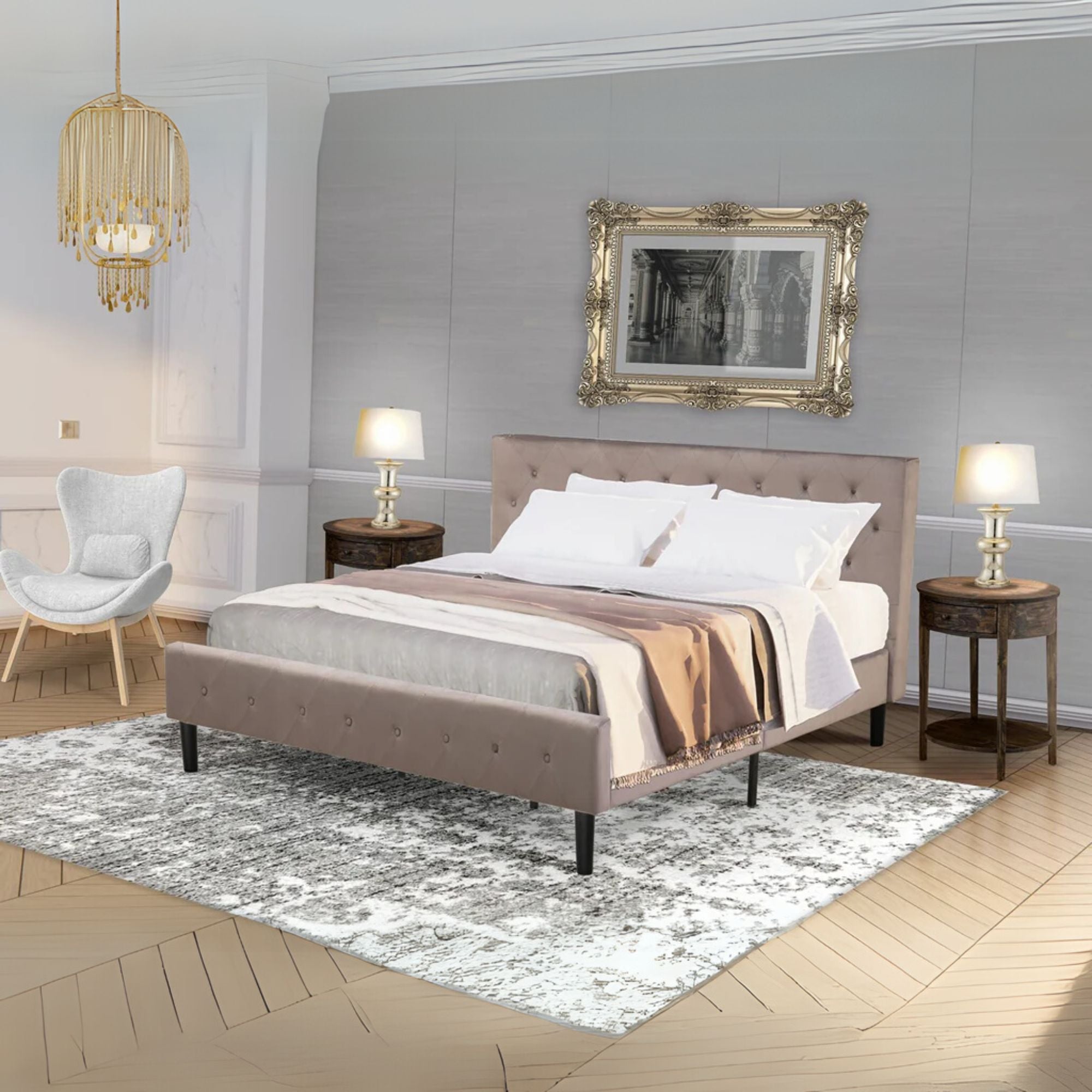 Ewan Nolan King Brown Taupe Velvet Platform Bed – Button Tufted Upholstered Frame with Black Legs