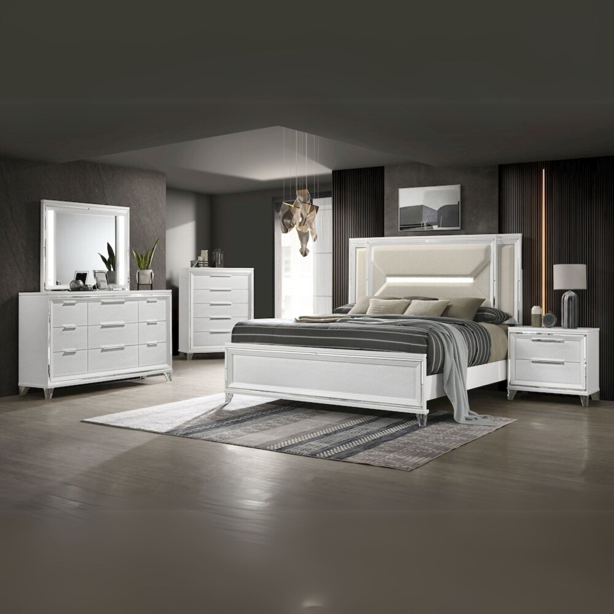 Wasco Marmore Eastern King White Modern Panel Bed – 3D LED Headboard with Mirror Framing & Chrome Accents