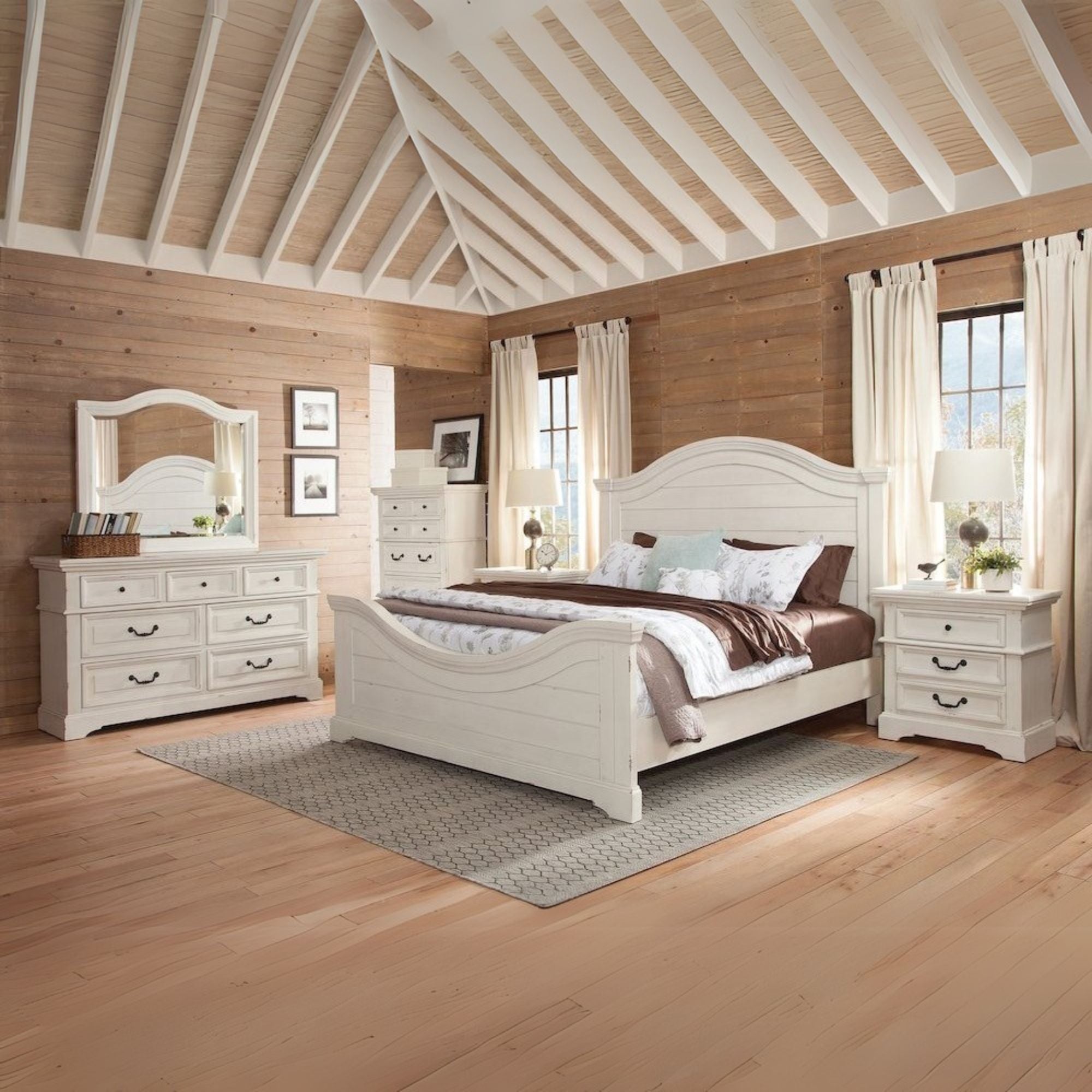 Armond Stonebrook Queen Panel Bed Distressed Antique White – Rustic Wood Frame & Crown Molding