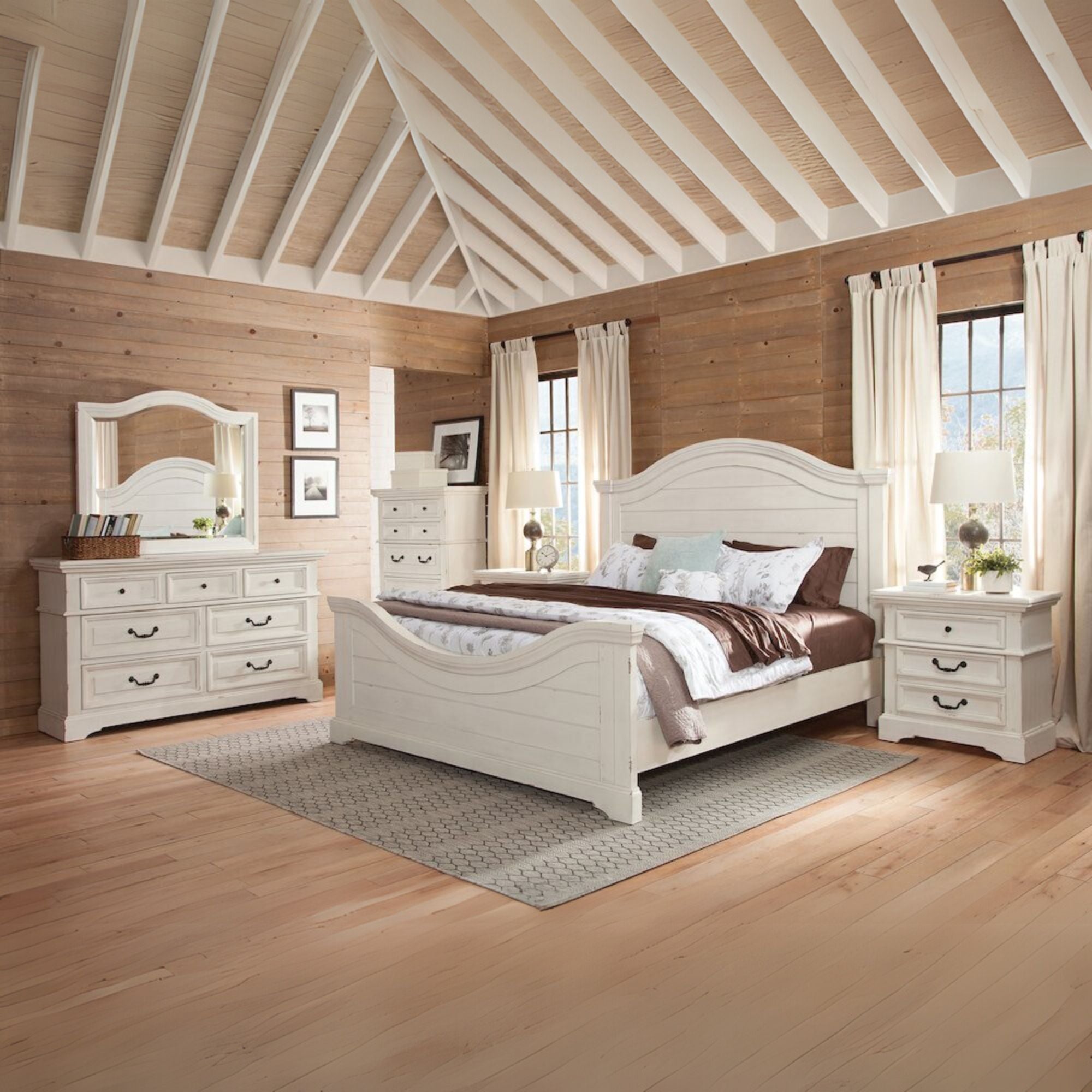 Astoria Stonebrook King White Wood Panel Bed – Rustic Farmhouse Design