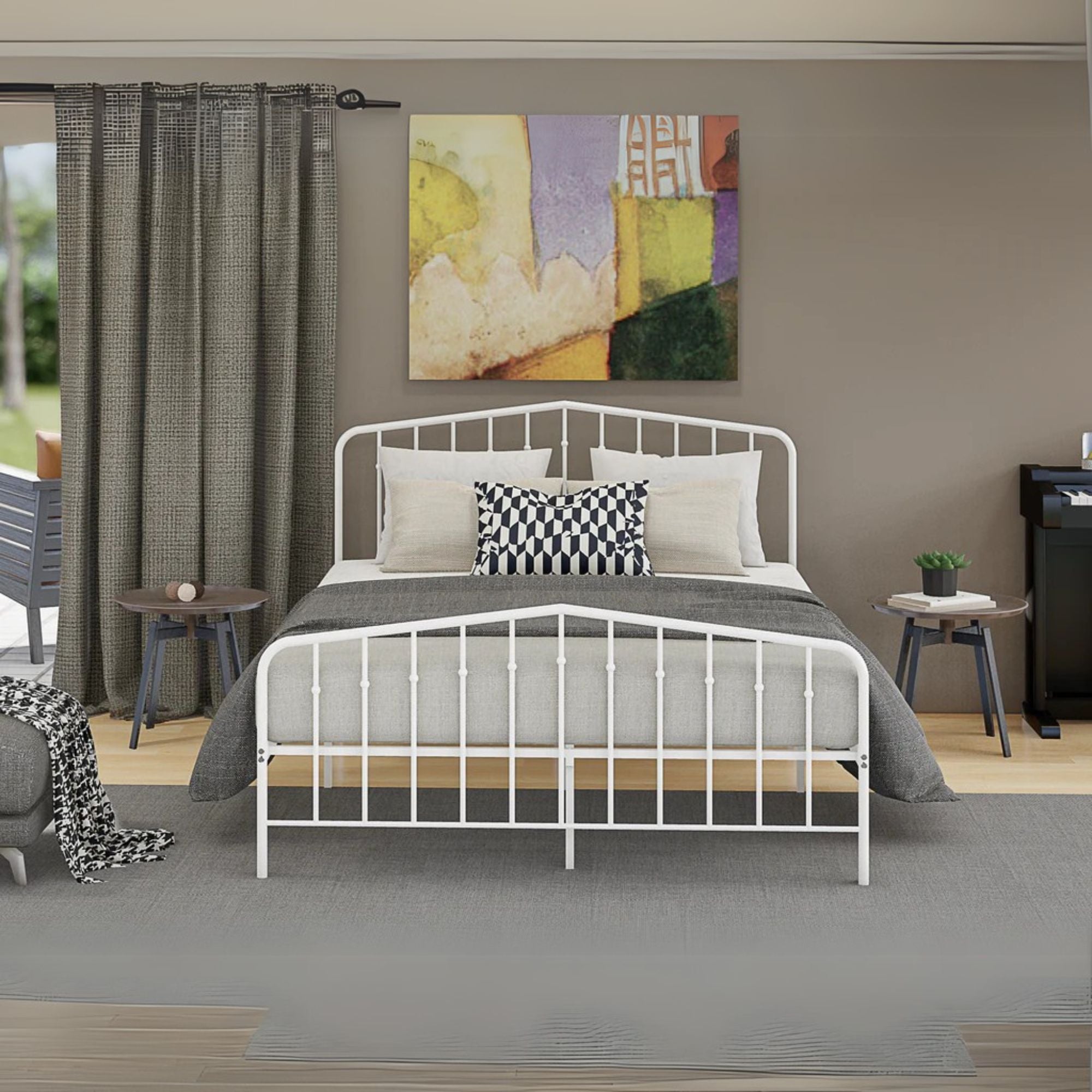 Toru Kemah Collection Queen Size White Metal Bed Frame – Sleek Platform Style with Powder-Coated Finish