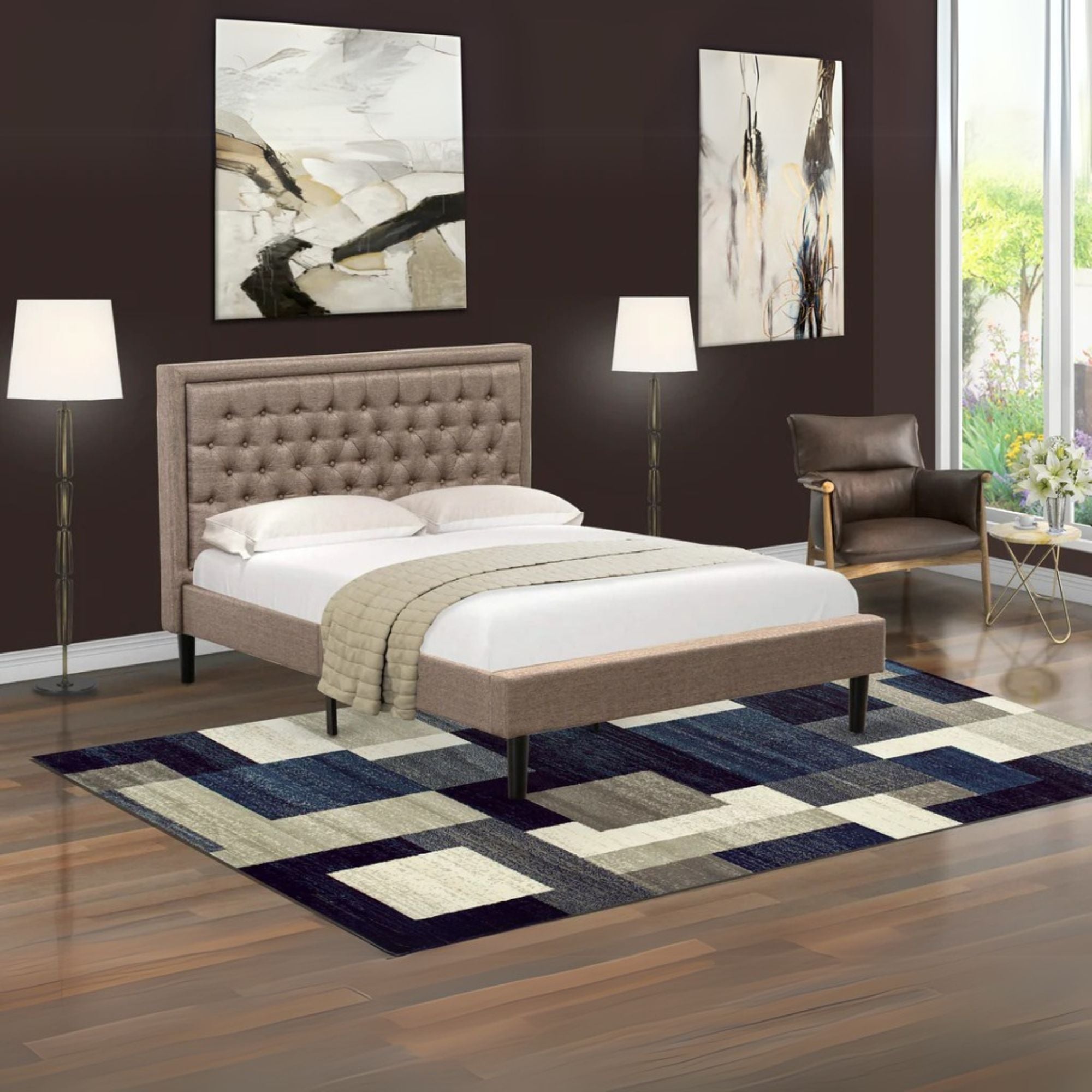 East West Collection Queen Dark Khaki Linen Fabric Upholstered Bed – Modern Platform Style with Button Tufted Headboard