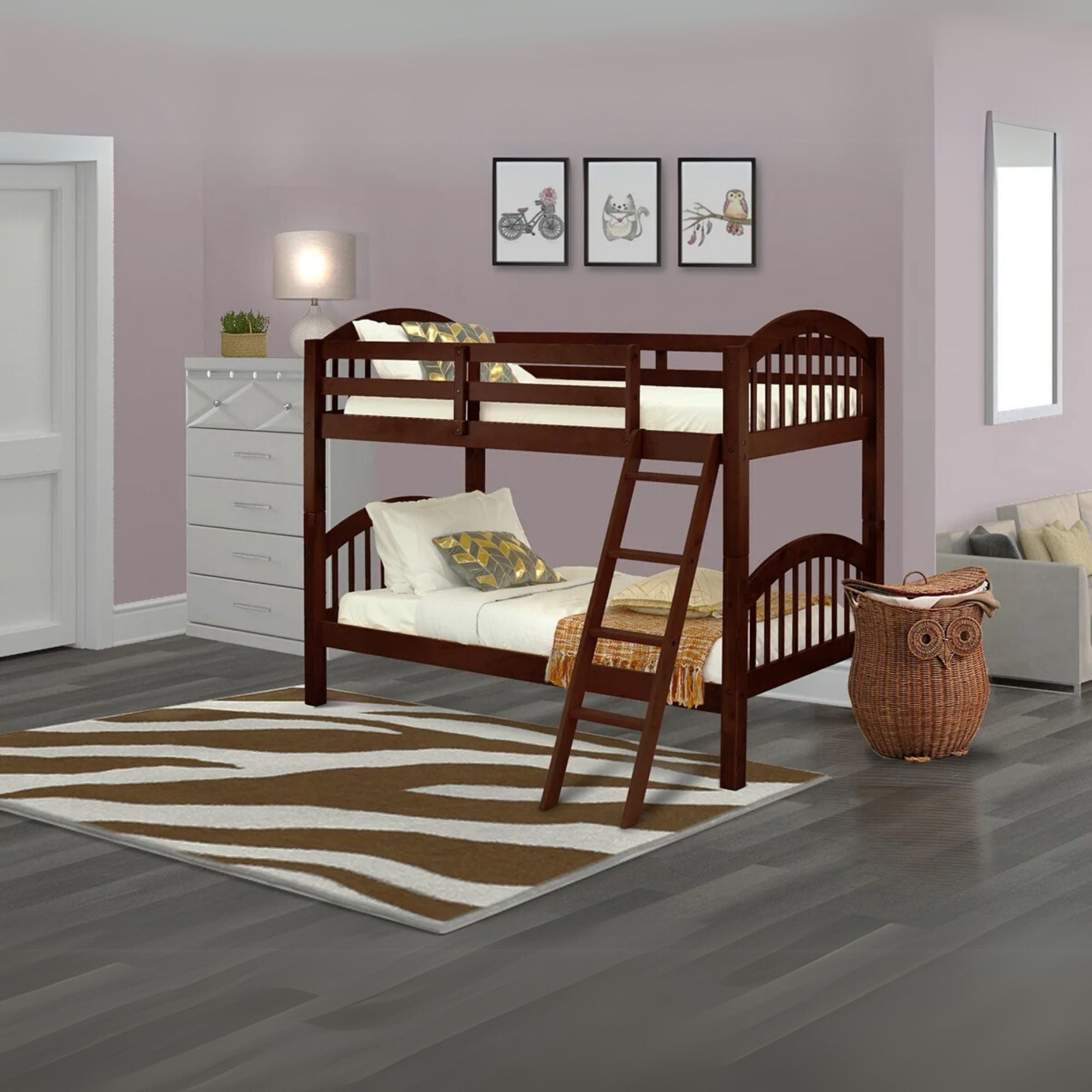 Tamarisk Verona Space-Saving Twin Java Solid Wood Bunk Bed – Built-In Ladder & Full Guard Rails