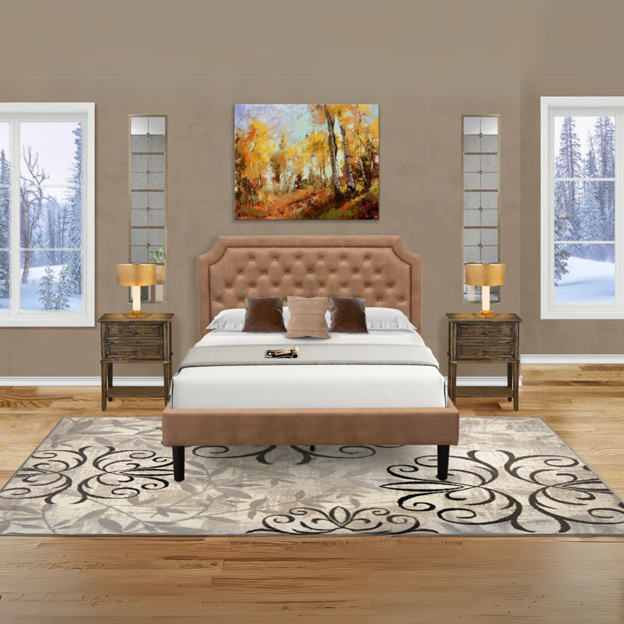 Anila Granbury Queen Brown Upholstered Wood Bed Frame – Modern Style with 9-Leg Full Support