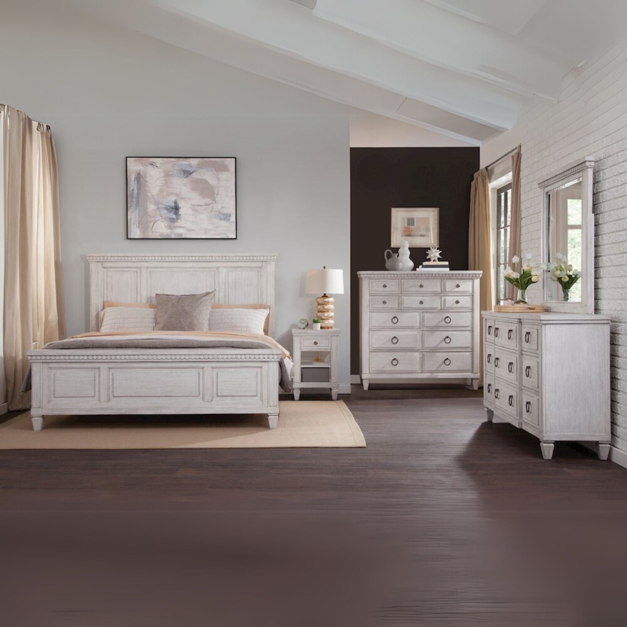 Marka Salter Path King White Grain Wood Bed – Coastal Style with Slatted Headboard