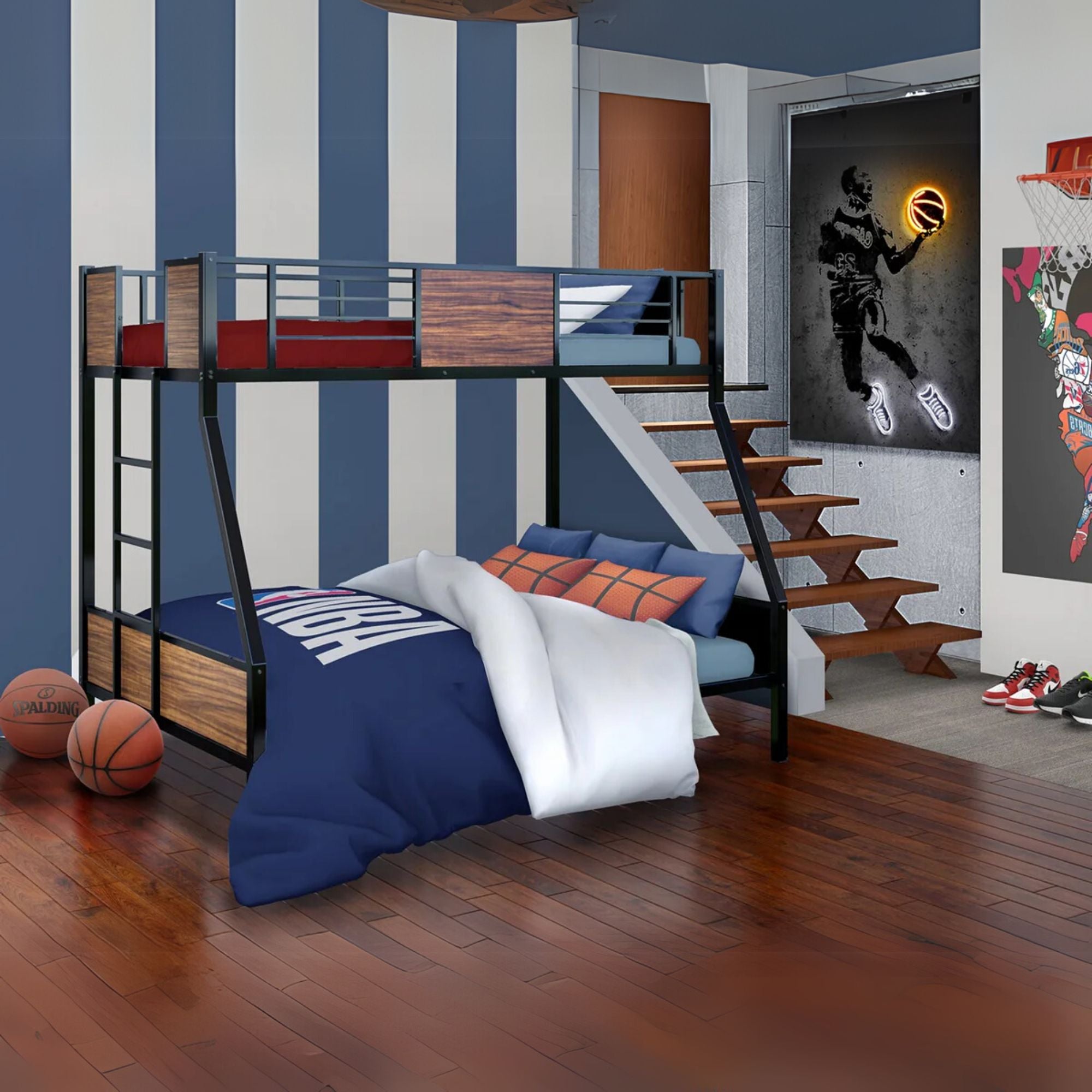 Patwin Rockport Full/Twin Black Metal Bunk Bed – Space-Saving Design with Safety Rails