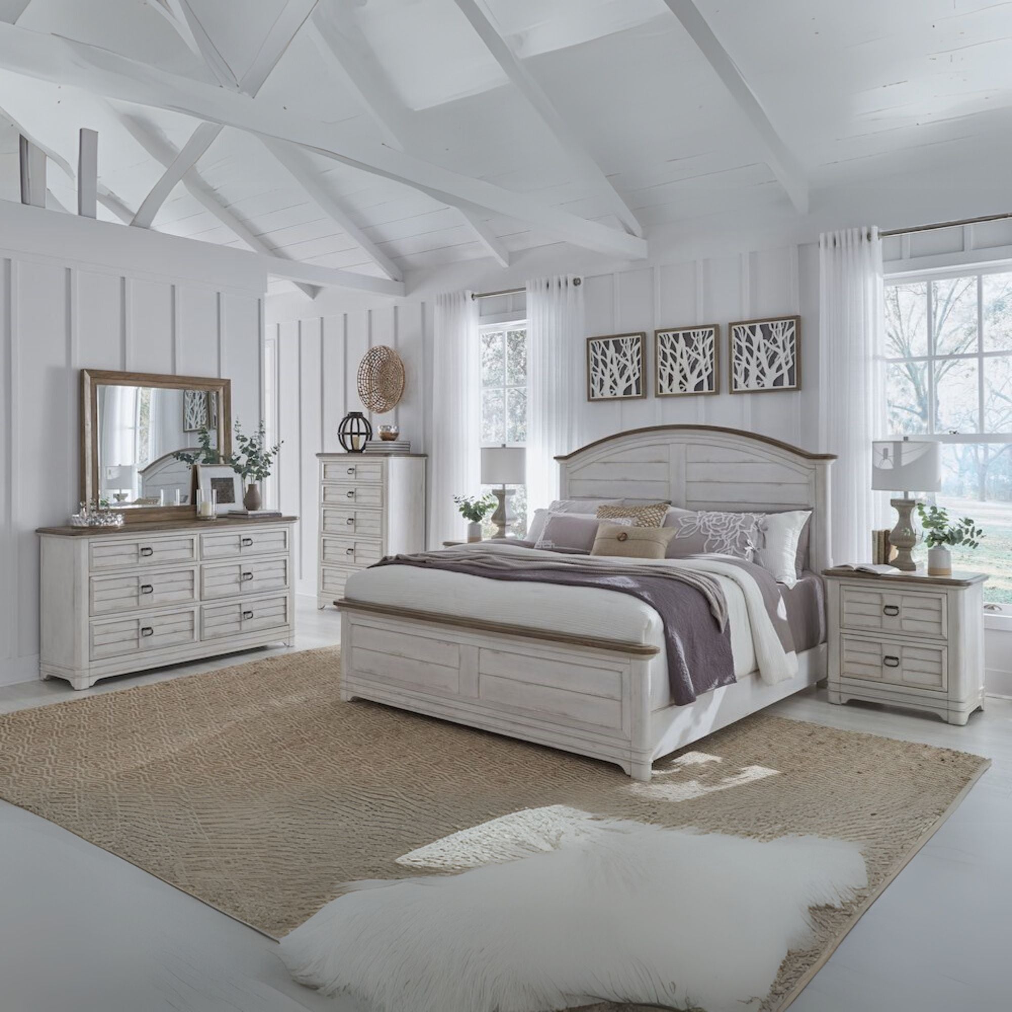 Cohyn Meadowbrook Queen Bed Whitewash Finish – Farmhouse Style with Arched Headboard