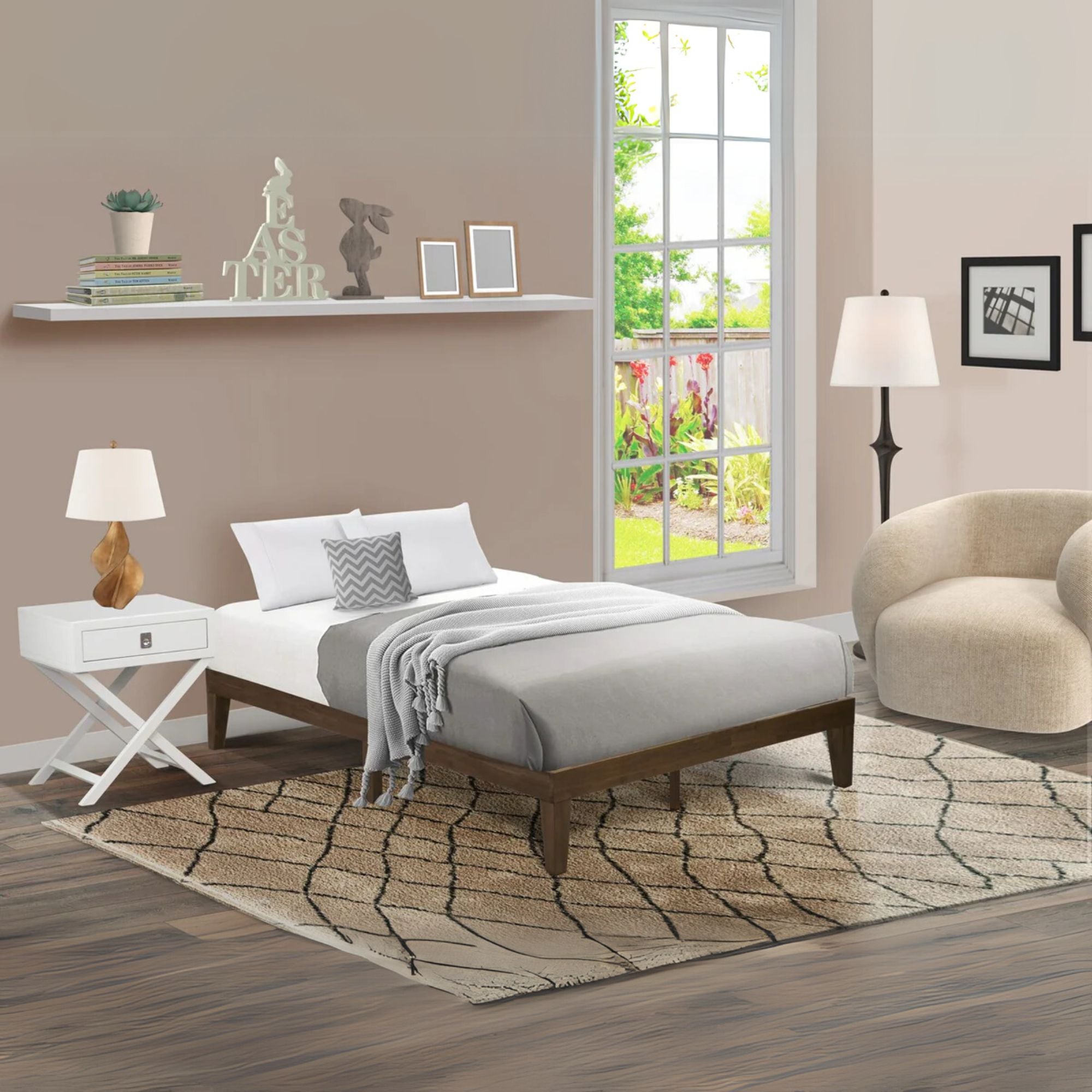 Harena Walden Full Walnut Solid Wood Platform Bed – Minimalist Frame with Extra Center Support