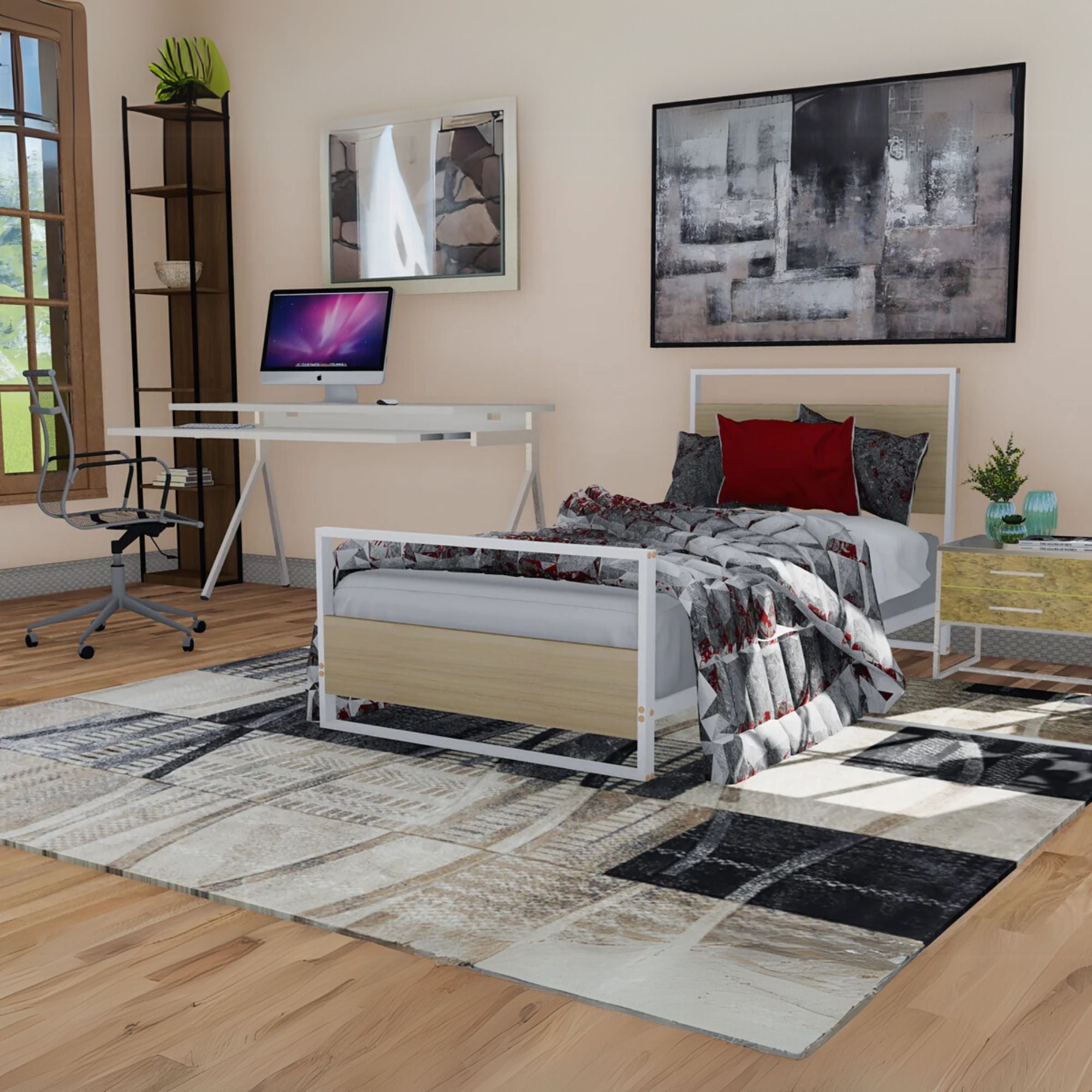 Akai East West Furniture Queen Walnut Engineered Wood Platform Bed Frame – Panel Style with Center Support Legs