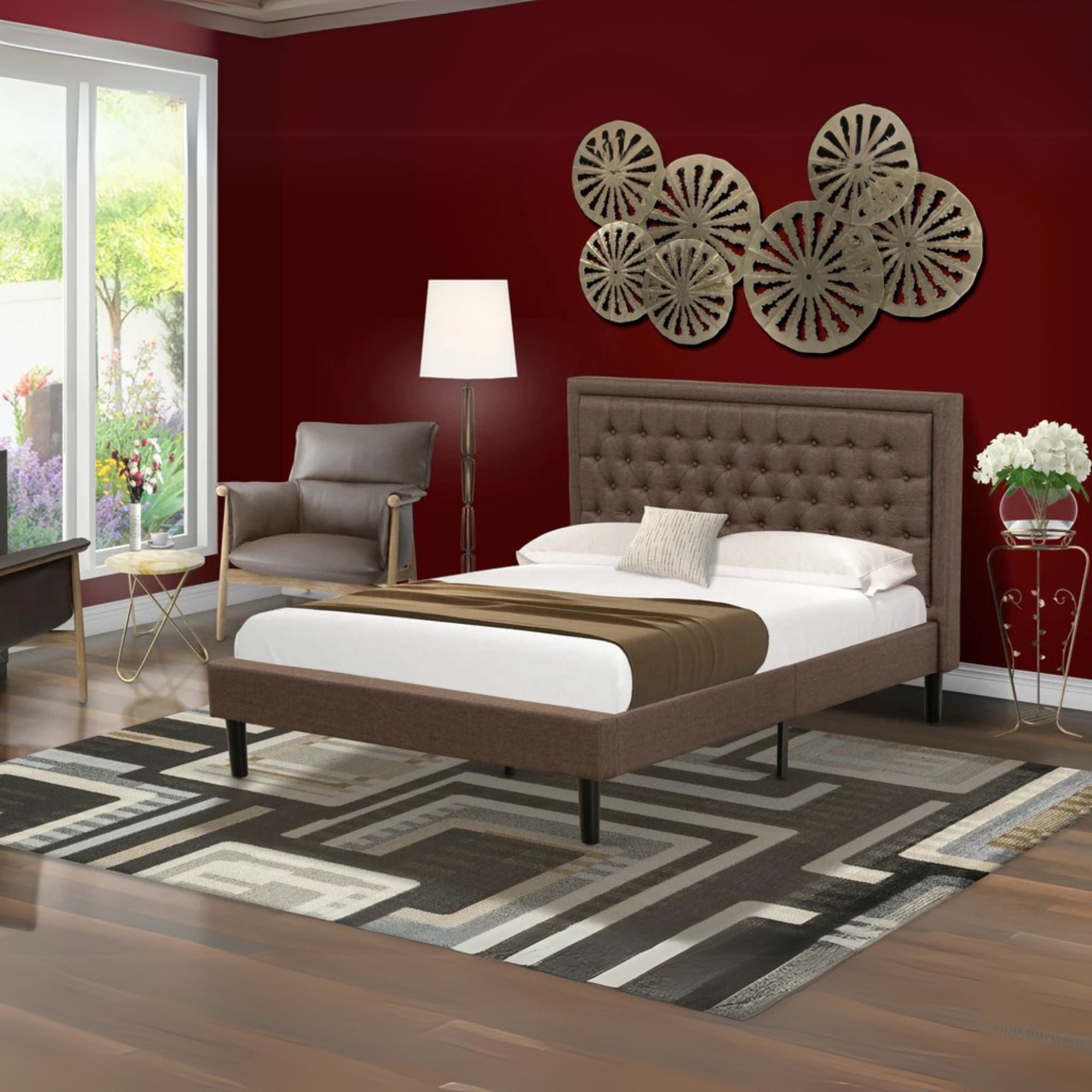 Amuse Platform Queen Size Brown Linen Upholstered Platform Bed – Modern Button Tufted Design with Black Metal Legs