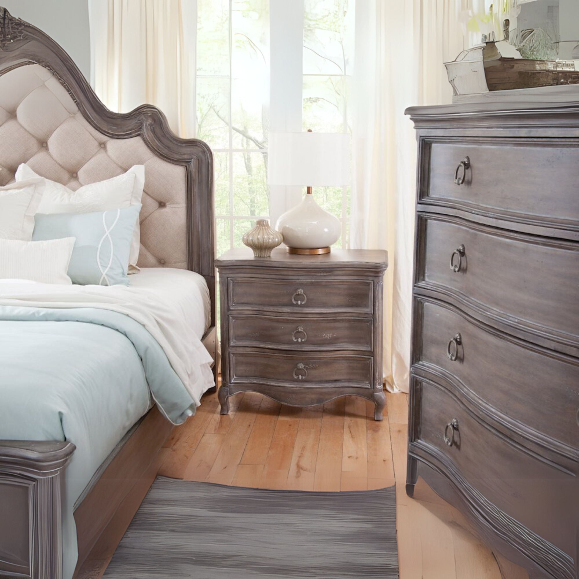 Fulton Genoa Queen Antique Grey Upholstered Bed – Tufted Headboard & Panel Footboard