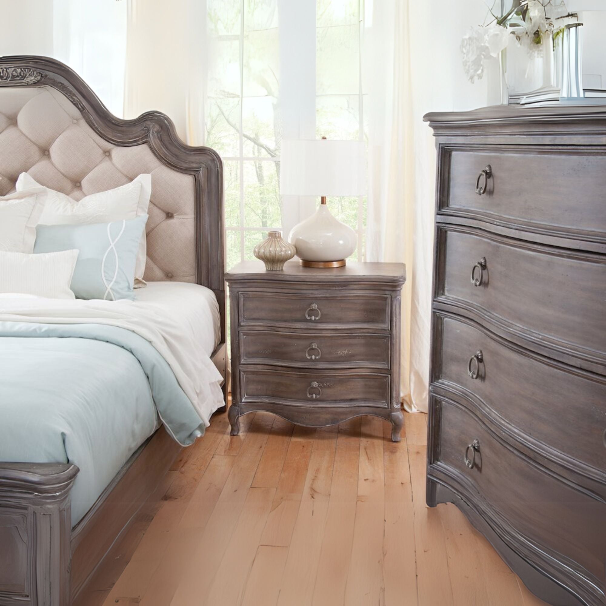 Addo Genoa King Antique Grey Upholstered Bed – Tufted Panel Headboard Design