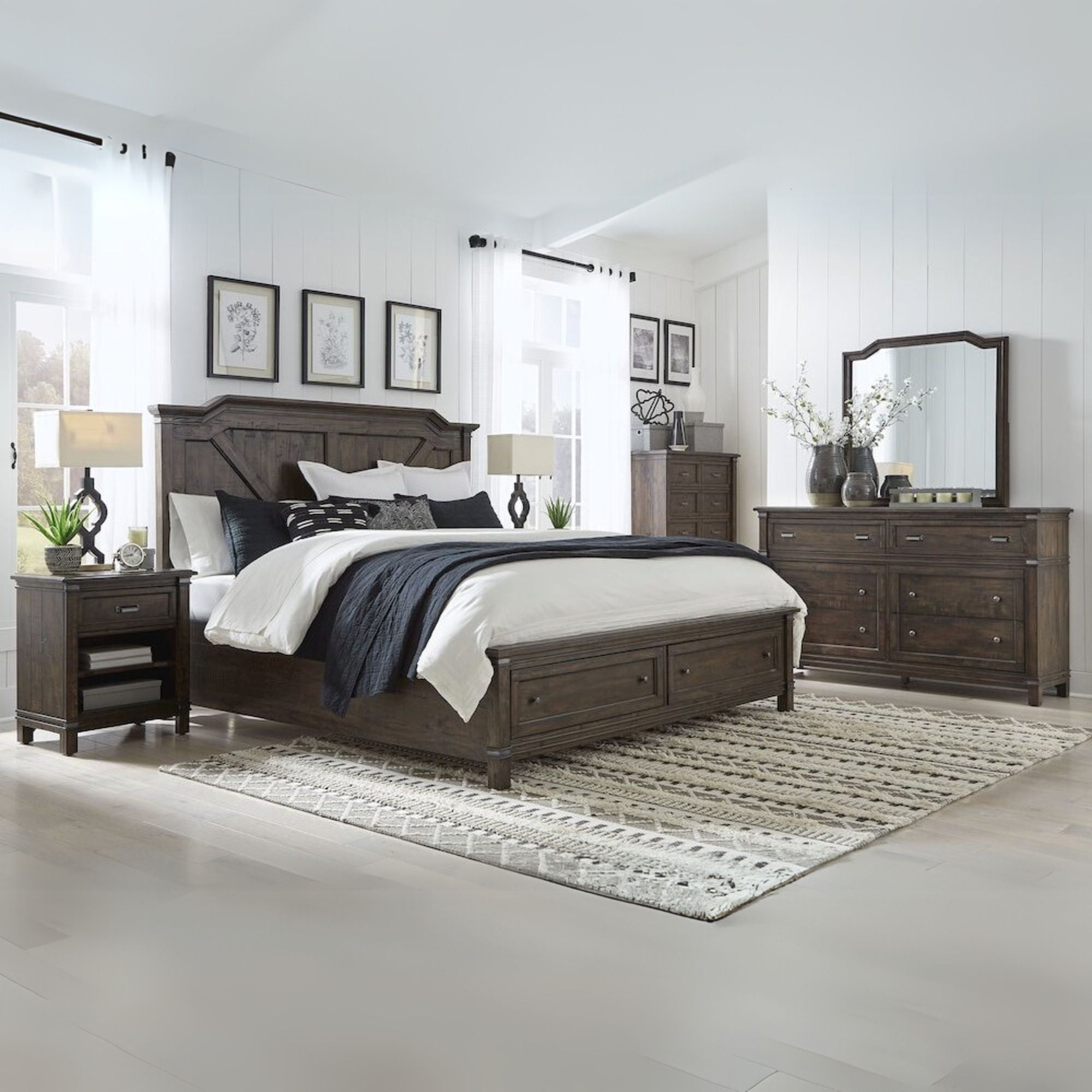 Small  Farmwood Rustic King Wood Bed – Panel Headboard & Storage Footboard in Whiskey Barrel