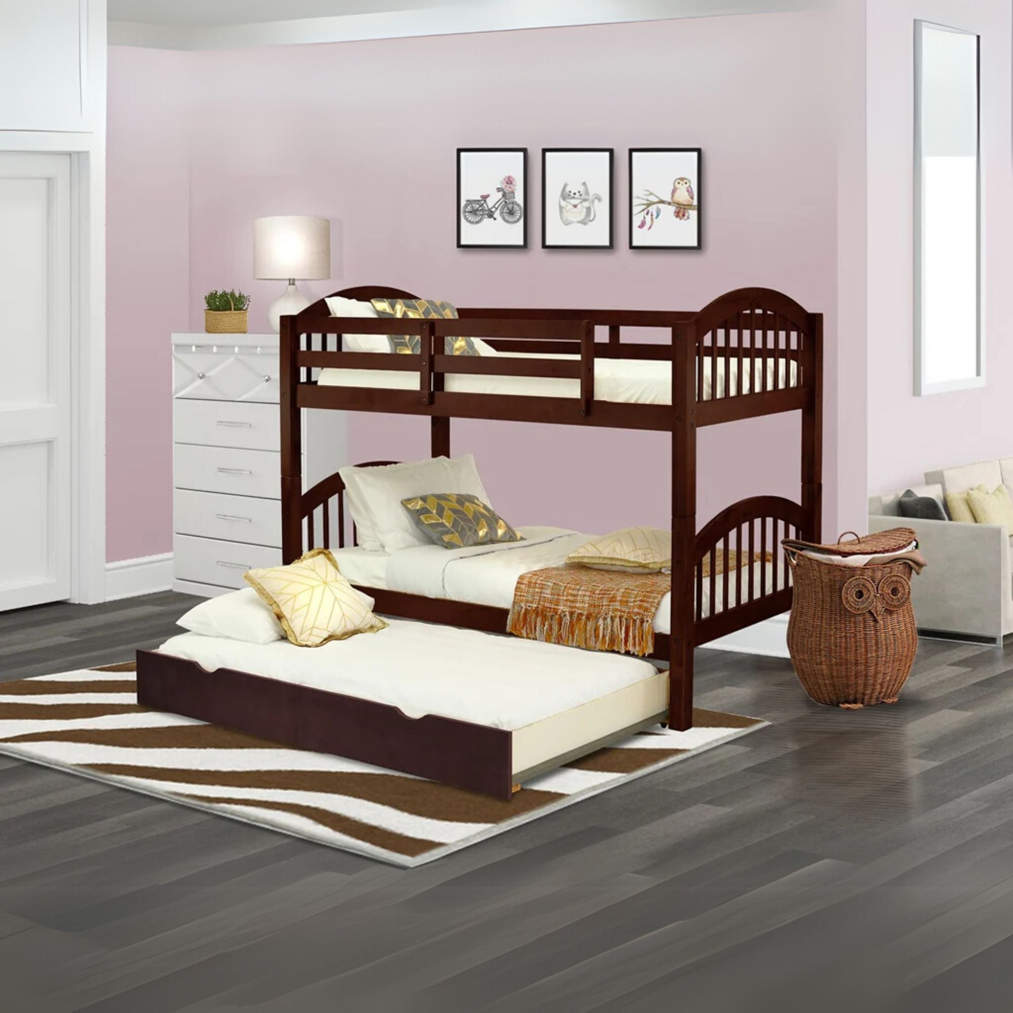 Furniture Verona Twin Bunk Bed in Java Finish with Convertible Trundle & Drawer