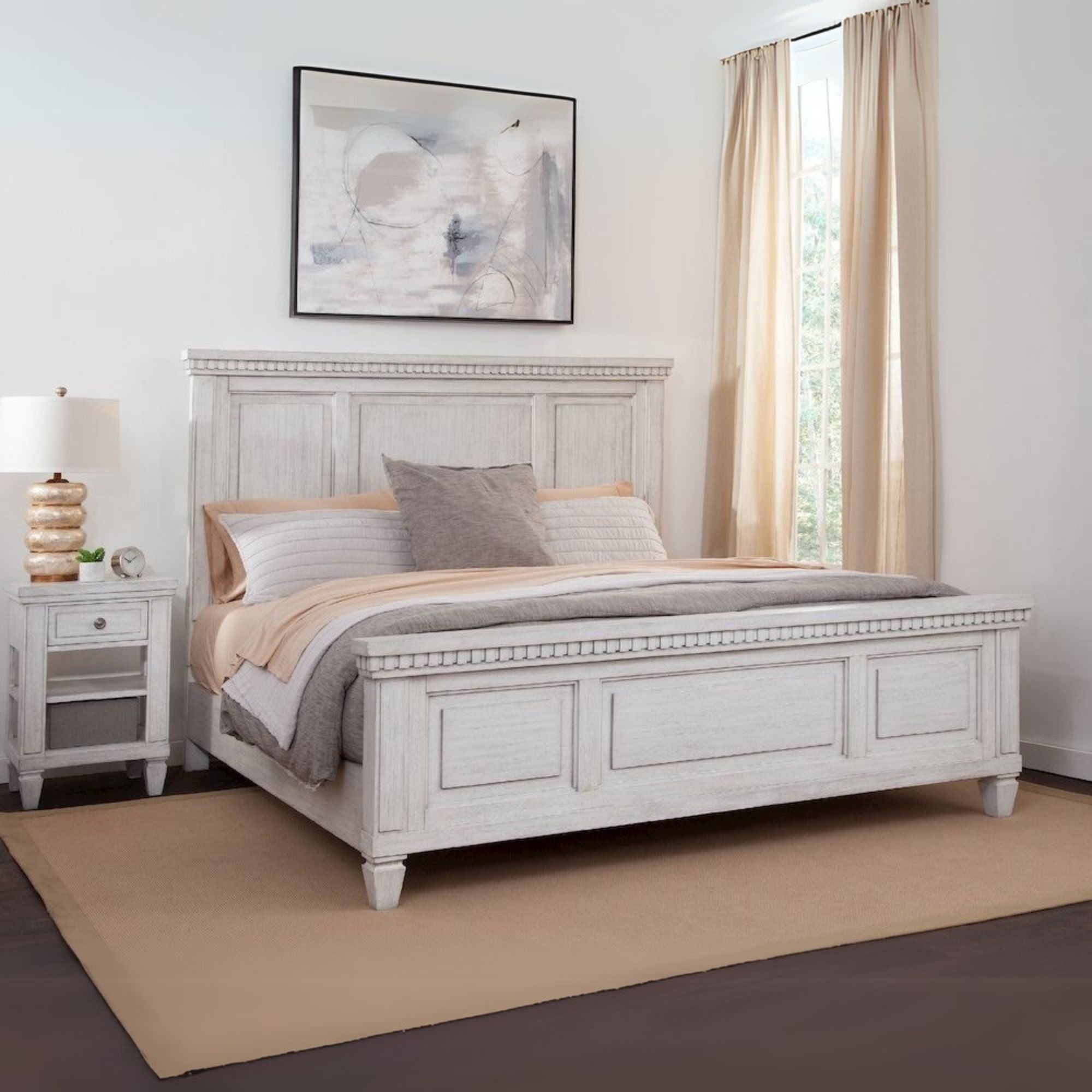 Hanzo Salter Path Queen White Grain Wood Bed – Coastal Panel Design with Arch Headboard