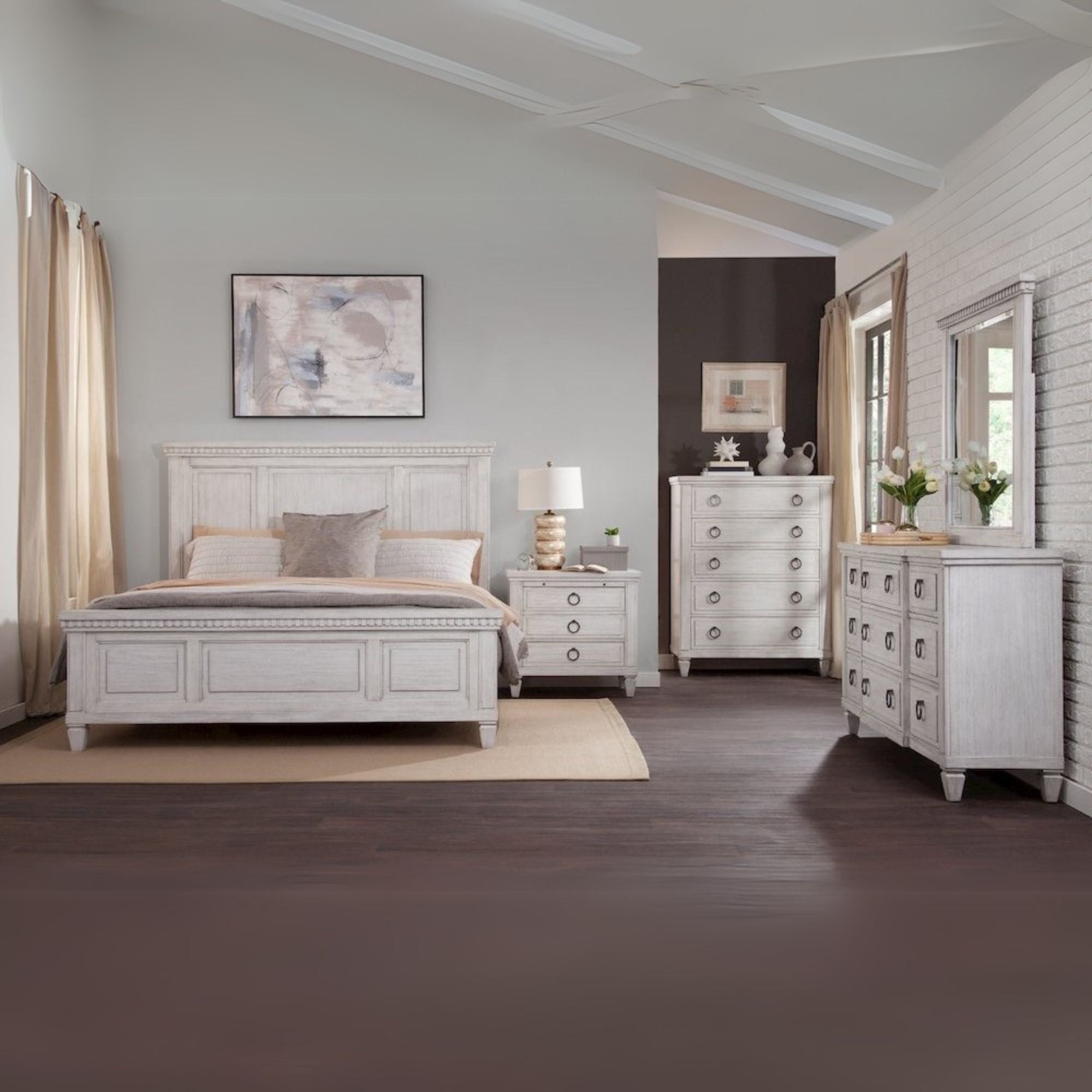 Hanzo Salter Path Queen White Grain Wood Bed Coastal Panel Design with Arch Headboard