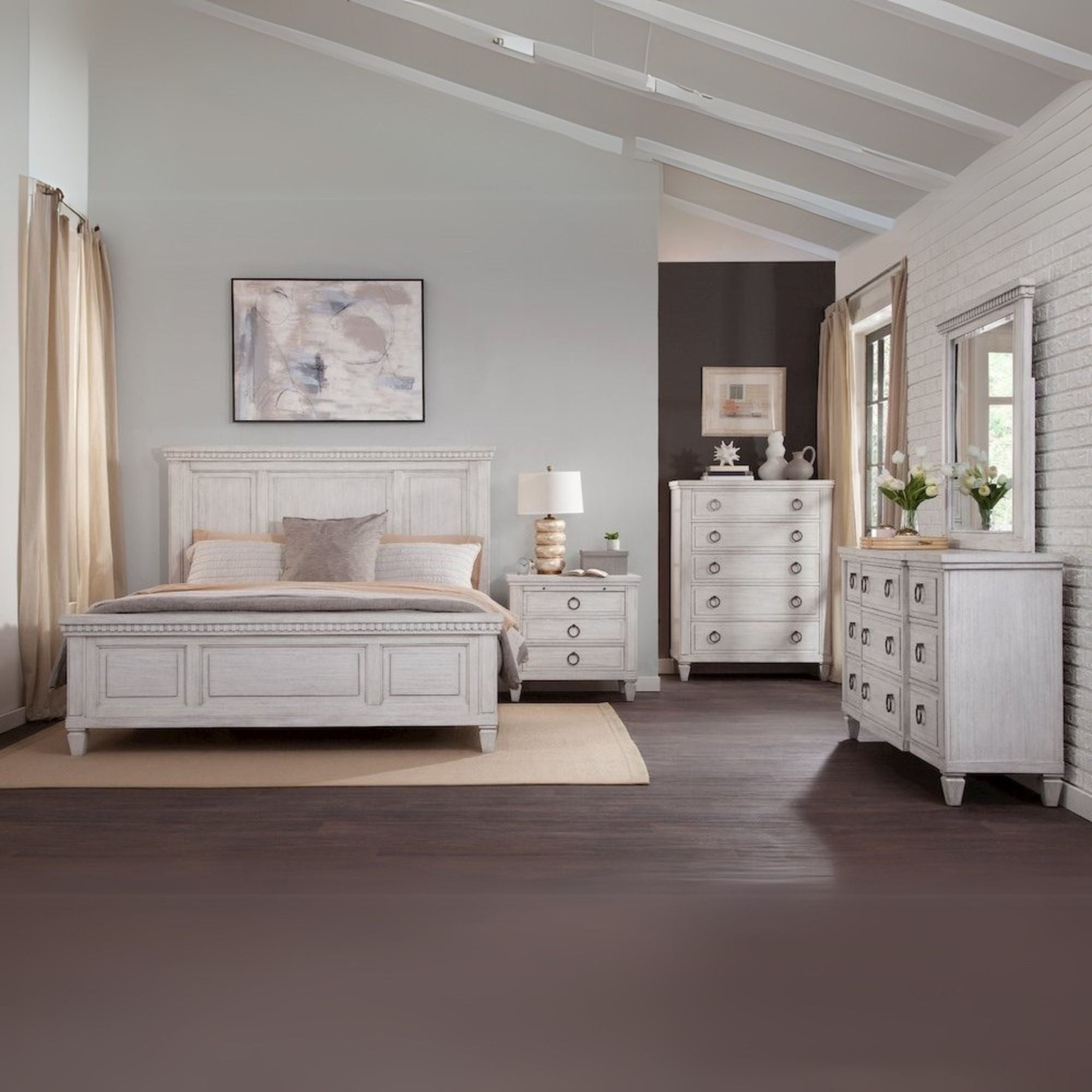 Hanzo Salter Path Queen White Grain Wood Bed – Coastal Panel Design with Arch Headboard