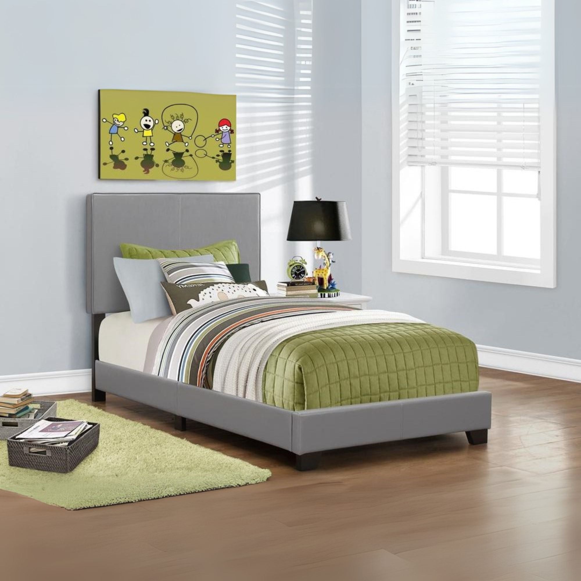 Haven Aspen Collection Twin Grey Faux Leather Bed – Transitional Low Profile Design