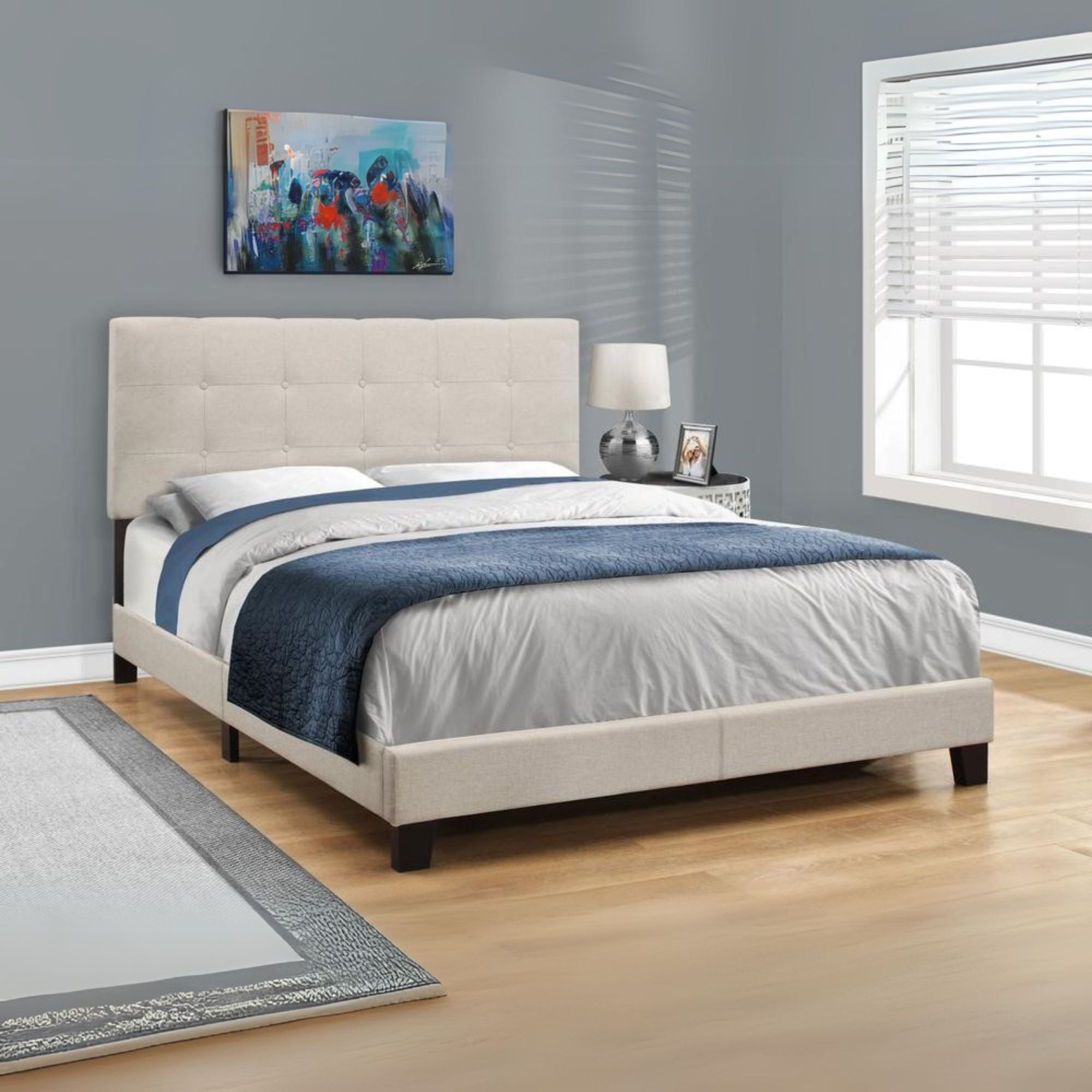 Marina Verona Upholstered Queen Bed in Beige Linen – Black Wood Legs, Contemporary Bedroom Style