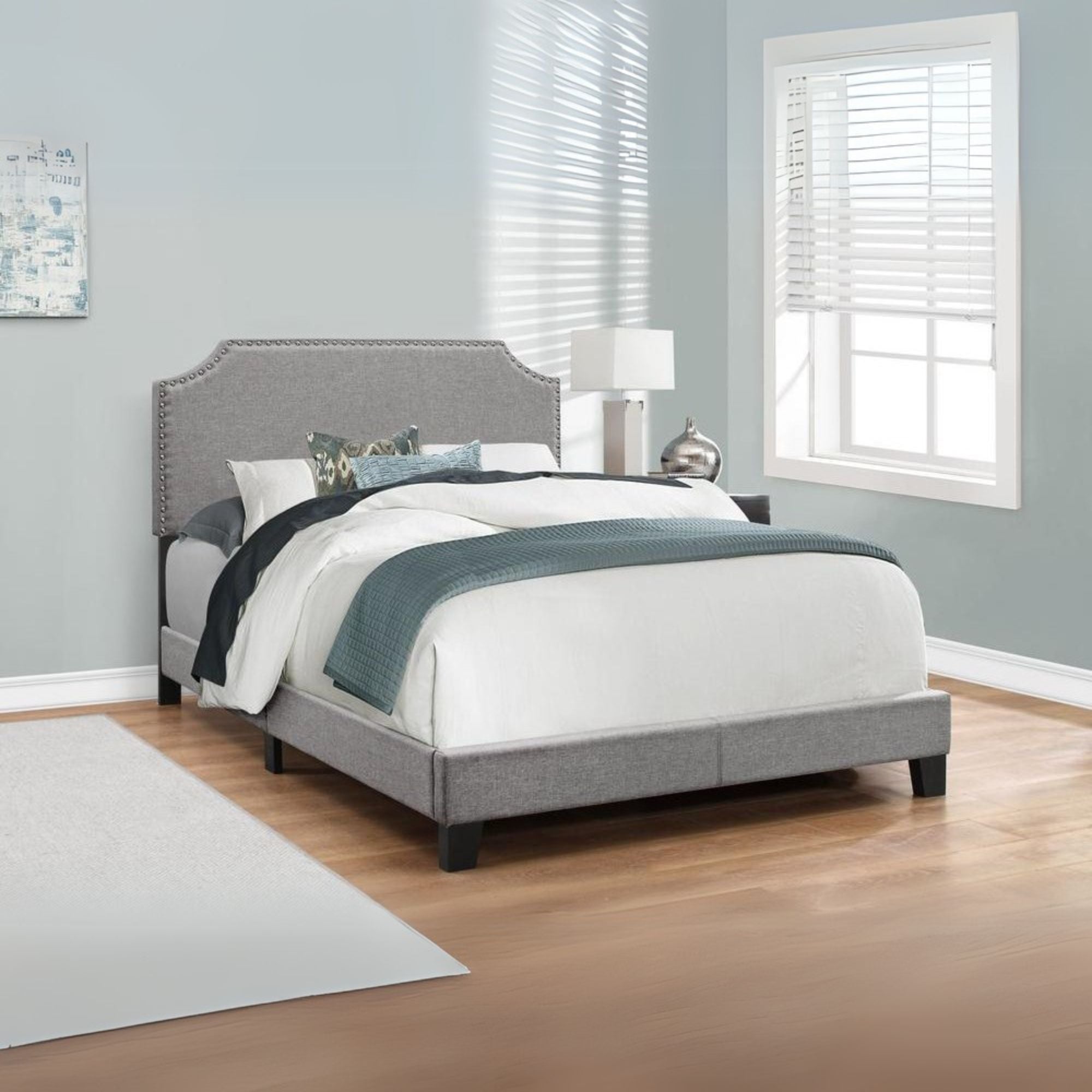 Len Zane Collection Grey Full Upholstered Bed – Contemporary Linen Look with Chrome Accents