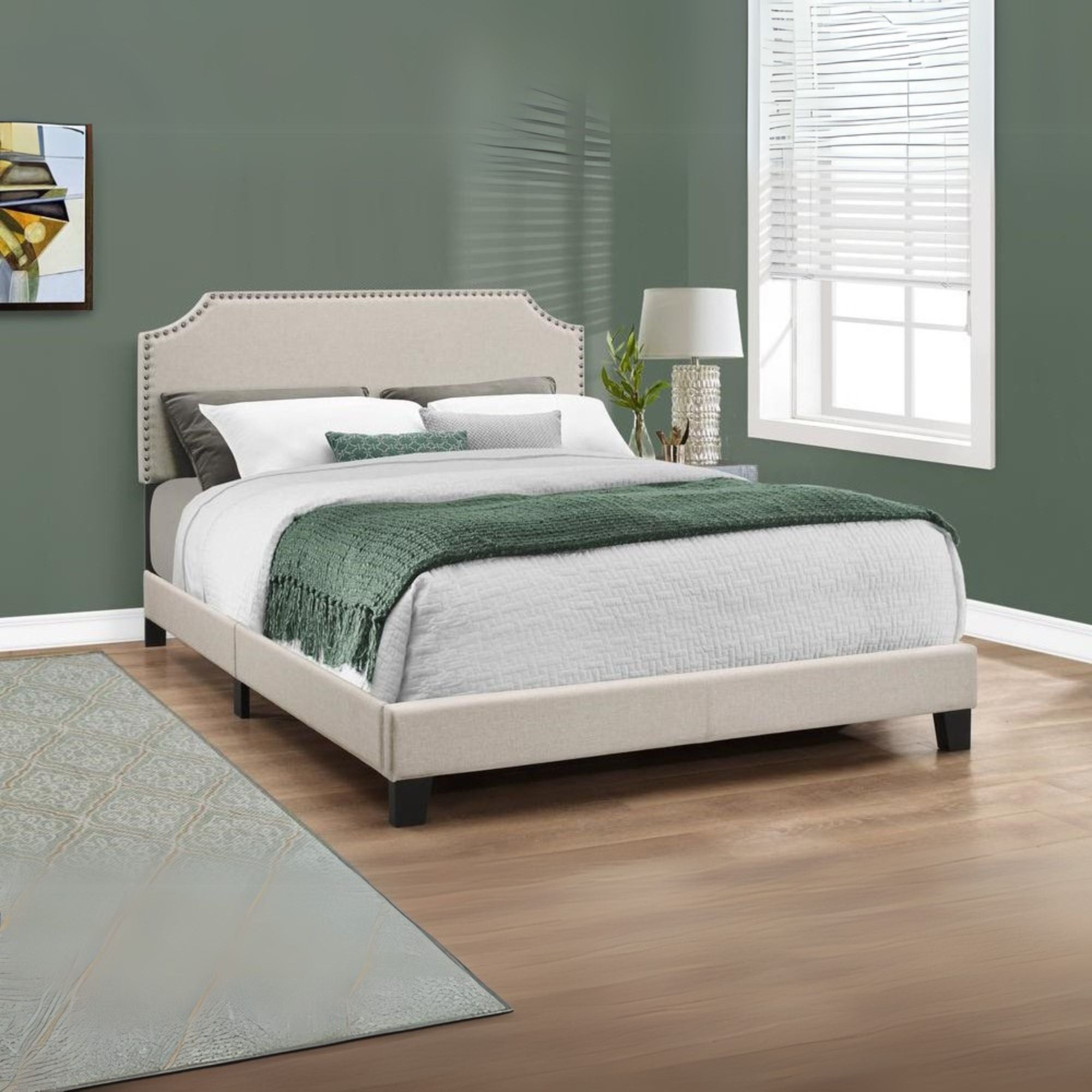 Clare Ashbury Queen Size Upholstered Bed Beige Linen – Modern Look with Black Wooden Legs