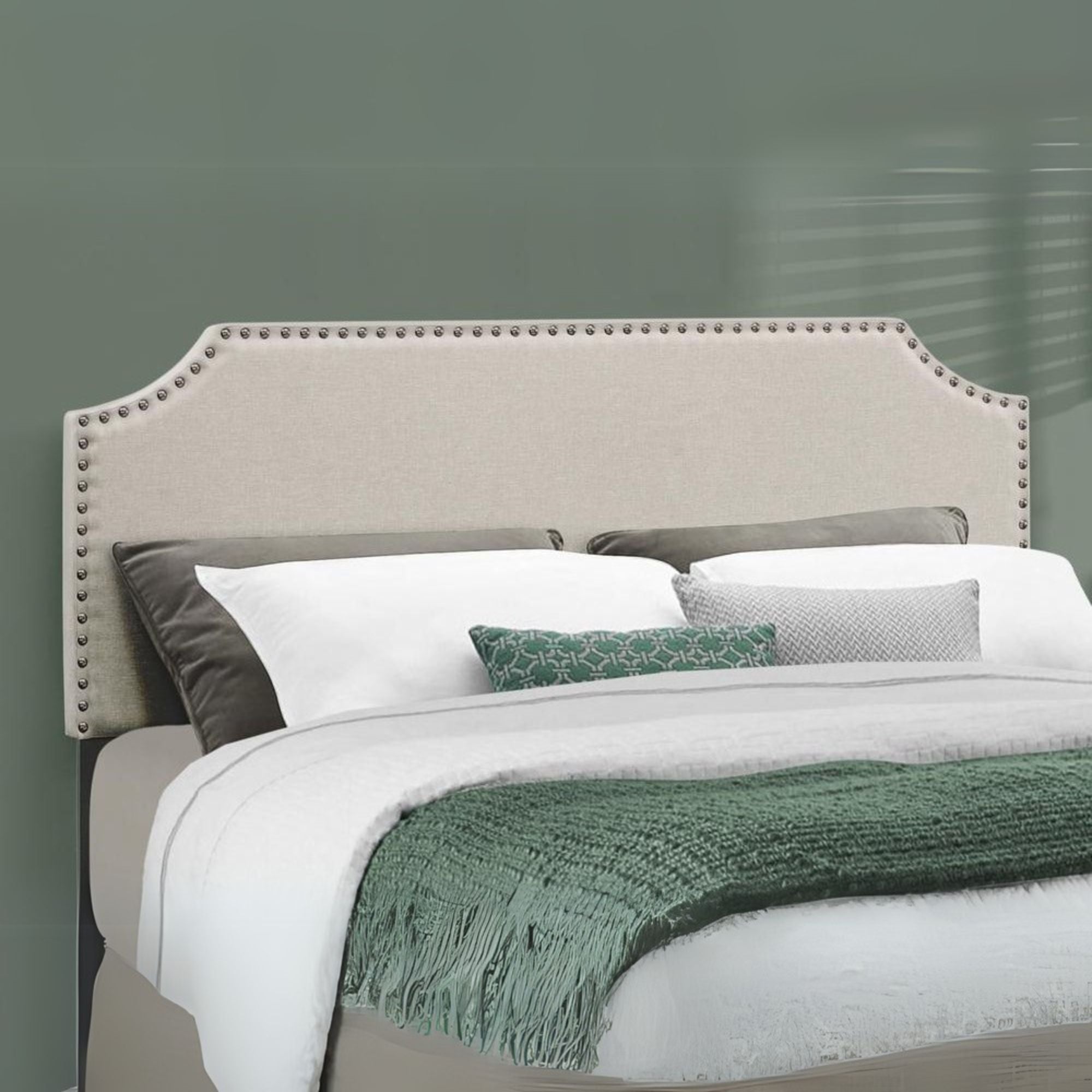 Clare Ashbury Queen Size Upholstered Bed Beige Linen – Modern Look with Black Wooden Legs