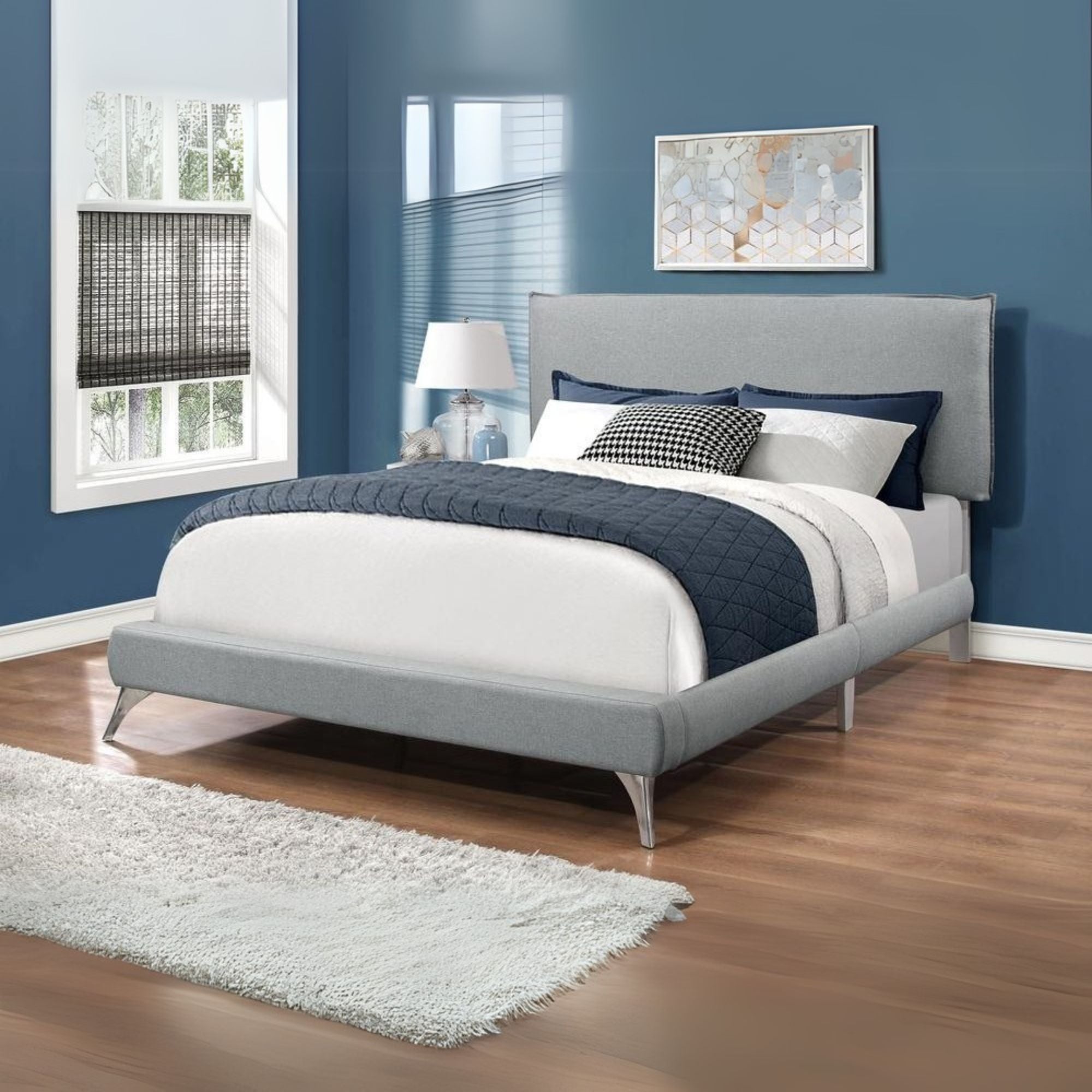 Stalwart ModernEdge Queen Grey Linen Upholstered Bed – Chrome Legs & Padded Headboard