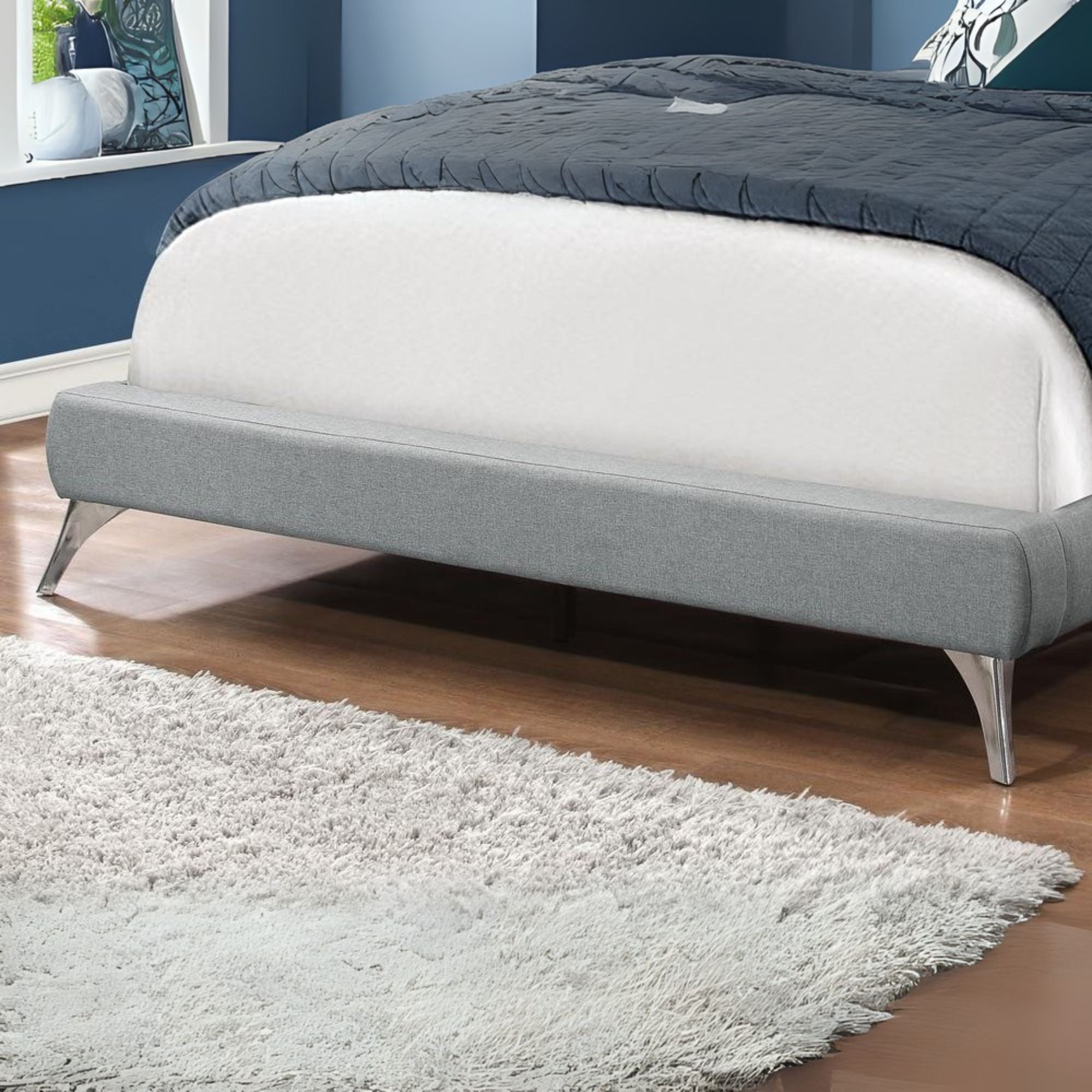 Stalwart ModernEdge Queen Grey Linen Upholstered Bed – Chrome Legs & Padded Headboard
