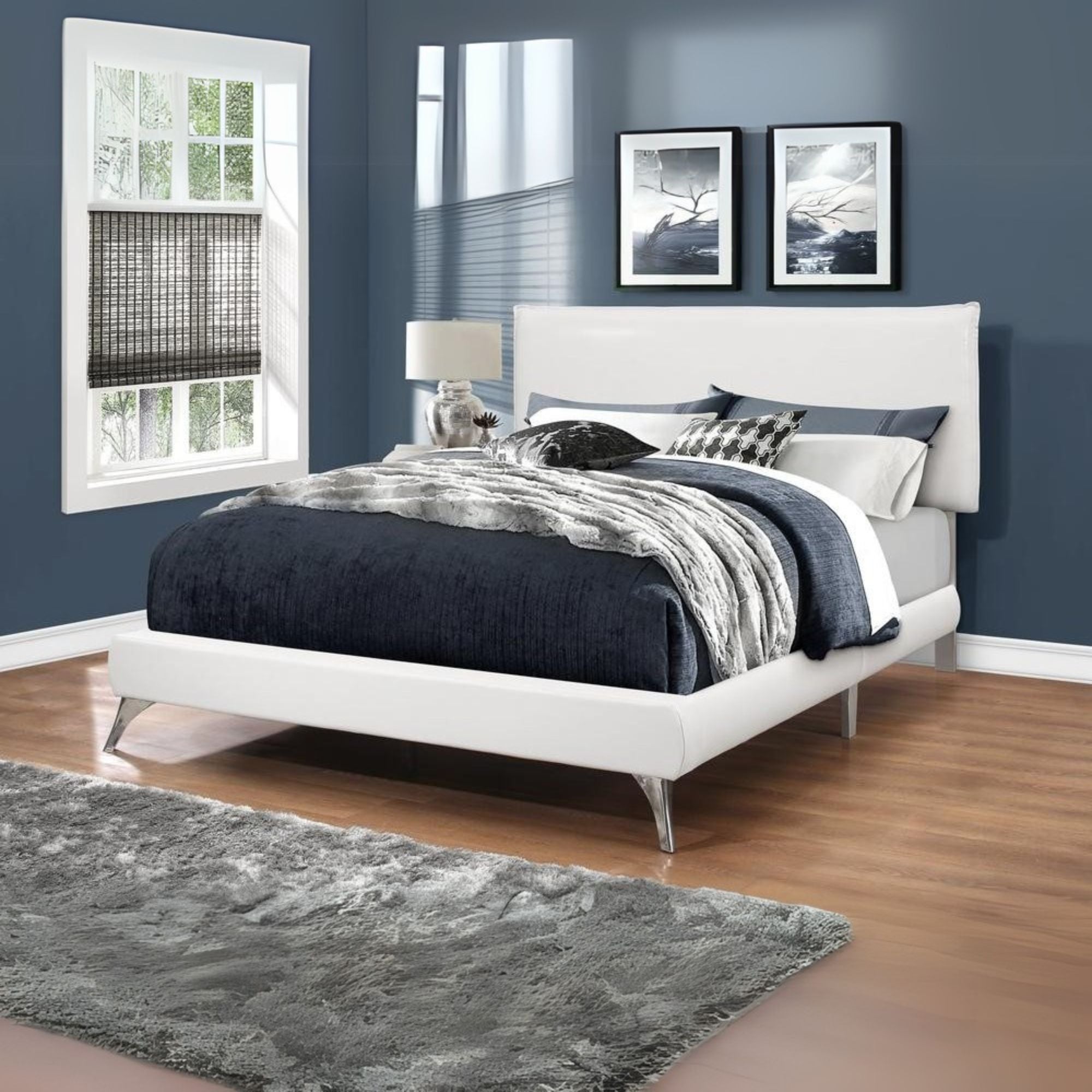 Sterling Aurora Queen Upholstered Bed in White Leather Look – Chrome Accent Modern Style