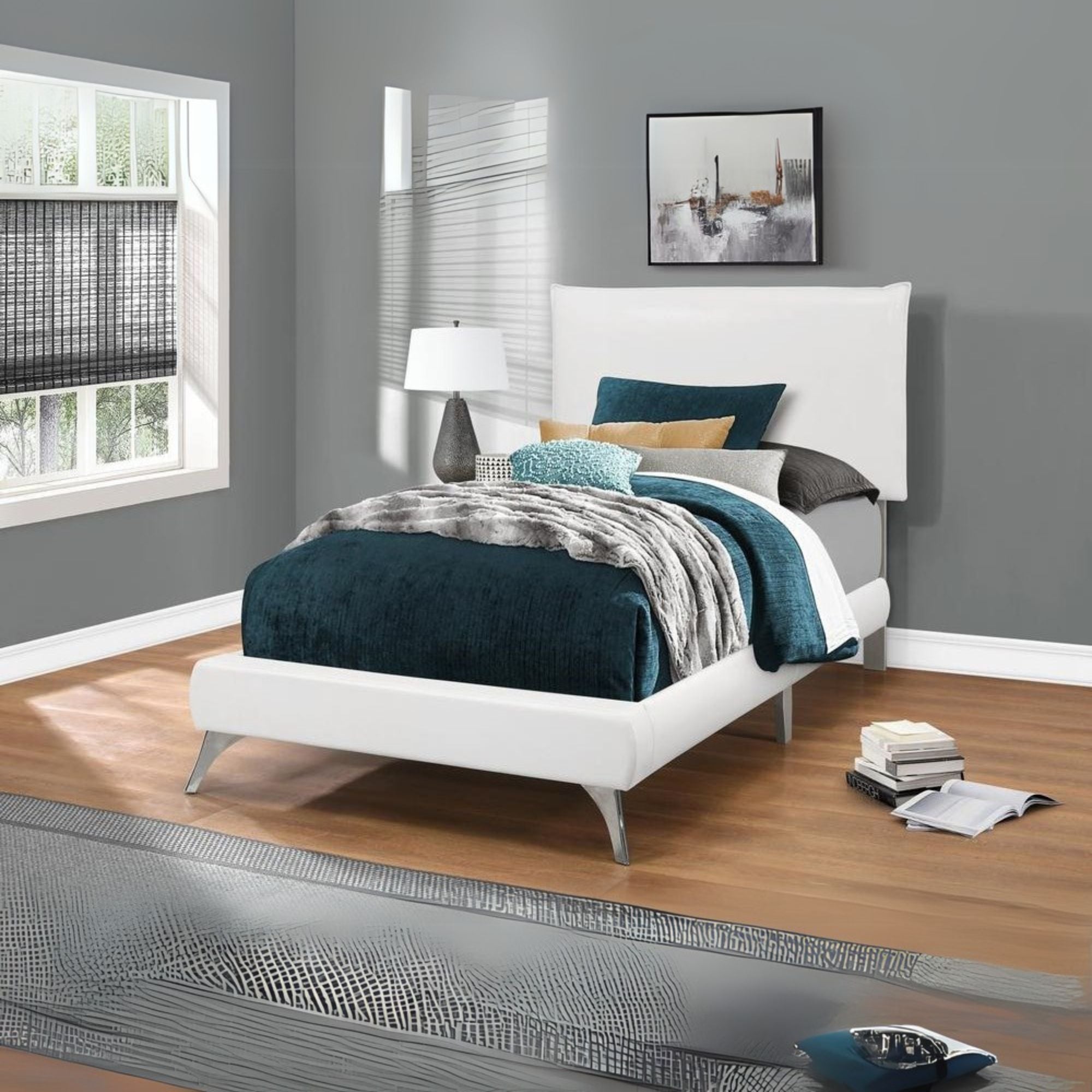 Ridge Teen Collection White Twin Faux Leather Bed – Upholstered Modern Frame with Chrome Detailing