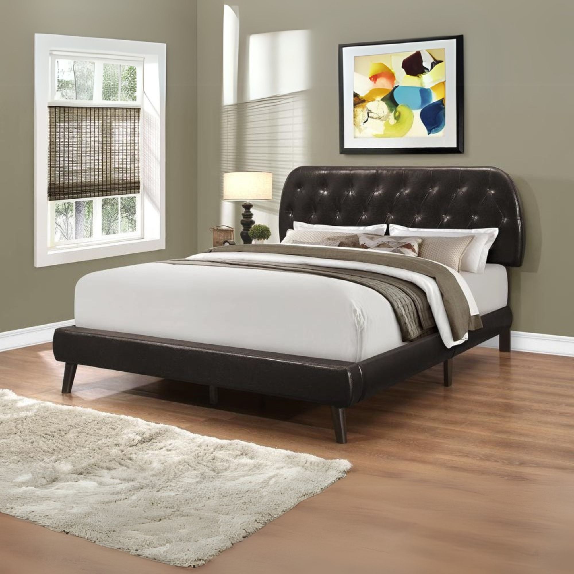 Timber Bed, Queen Size, Bedroom, Upholstered, Brown Leather Look, Wood Legs