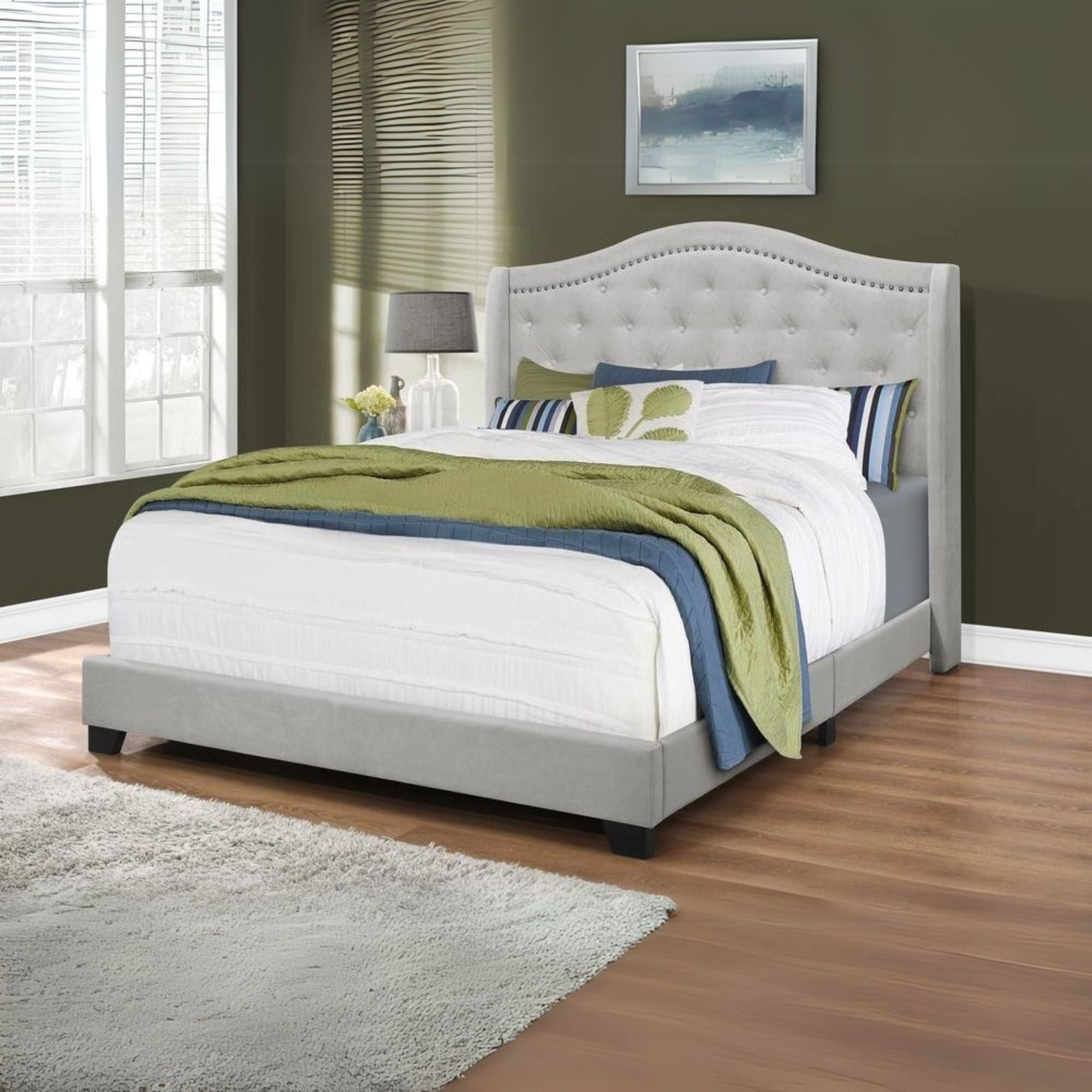 Raquel Cambridge Collection Queen Grey Velvet Bed – Traditional Chrome Trim & Tufted Headboard