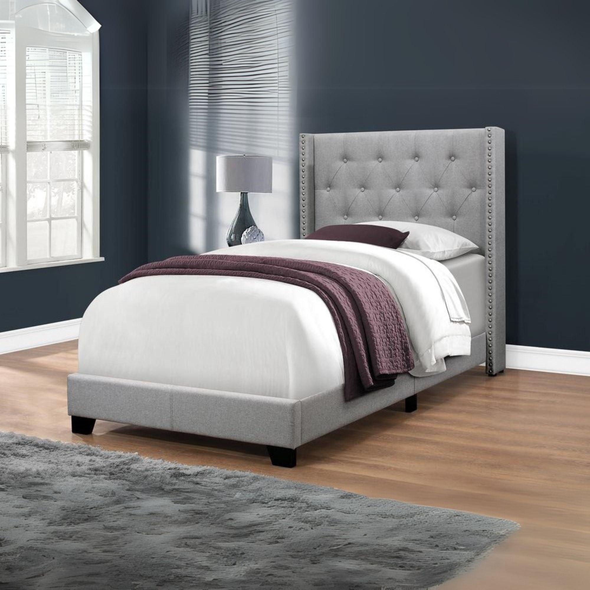 Brayden Teen Twin Size Grey Velvet Bed Frame – Upholstered Design with Chrome Accents