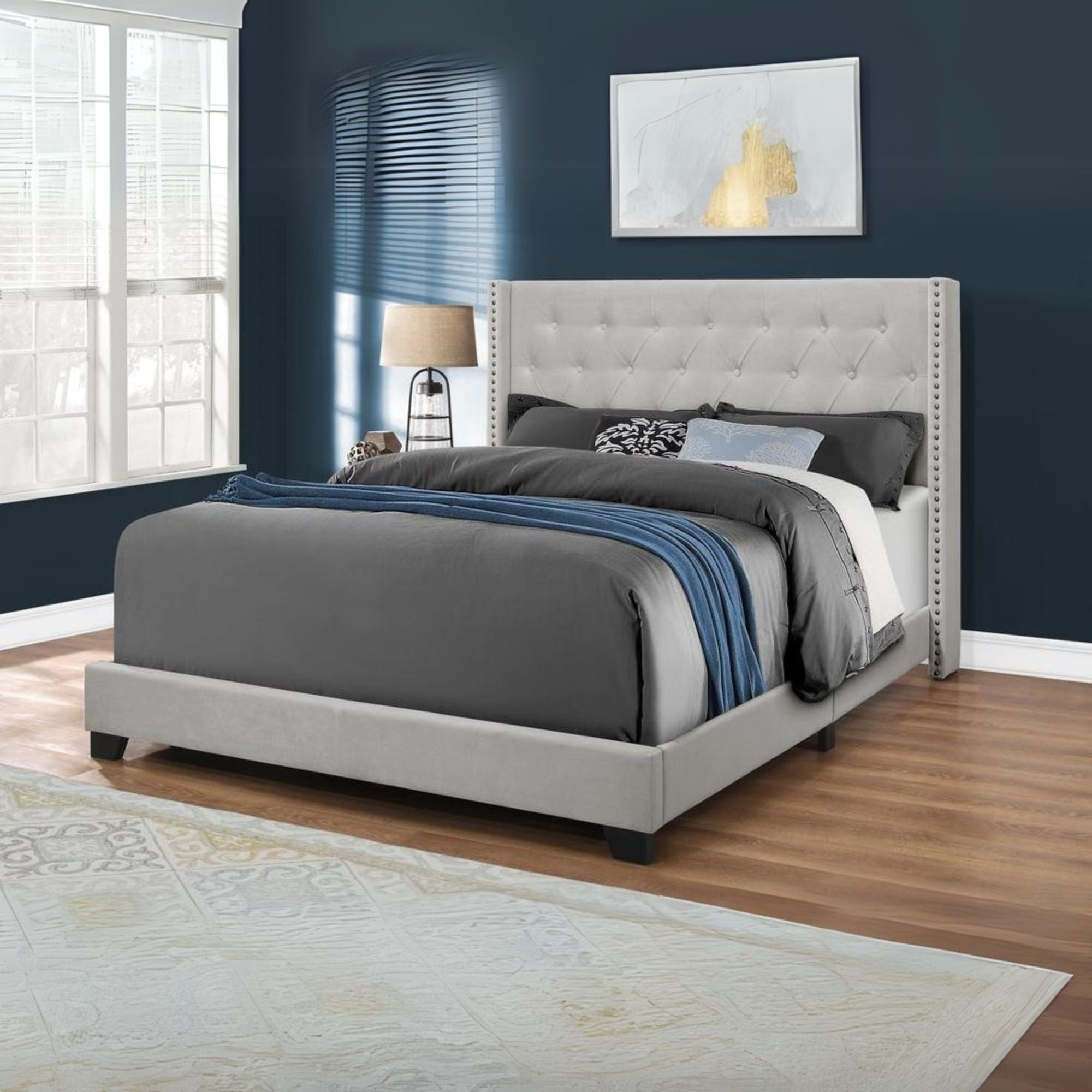 Madelyn Aurora Collection Queen Upholstered Grey Velvet Bed – Chrome Accents, Transitional Elegance