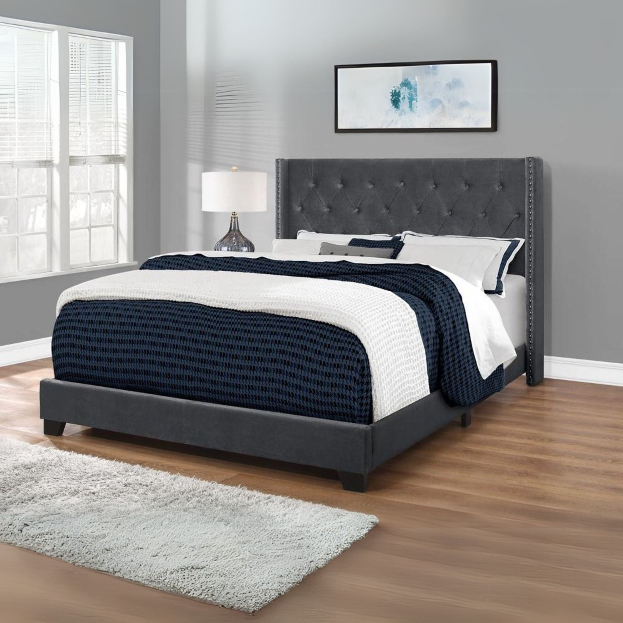 Gramercy Cambridge Collection Queen Upholstered Grey Velvet Bed – Chrome Accents