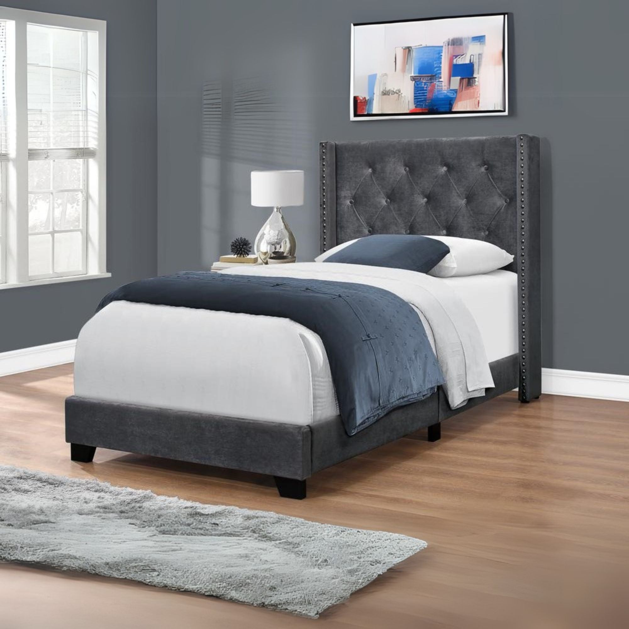 Dakota Teen Collection Twin Size Bed in Grey Velvet – Chrome Trim, Upholstered Transitional Design